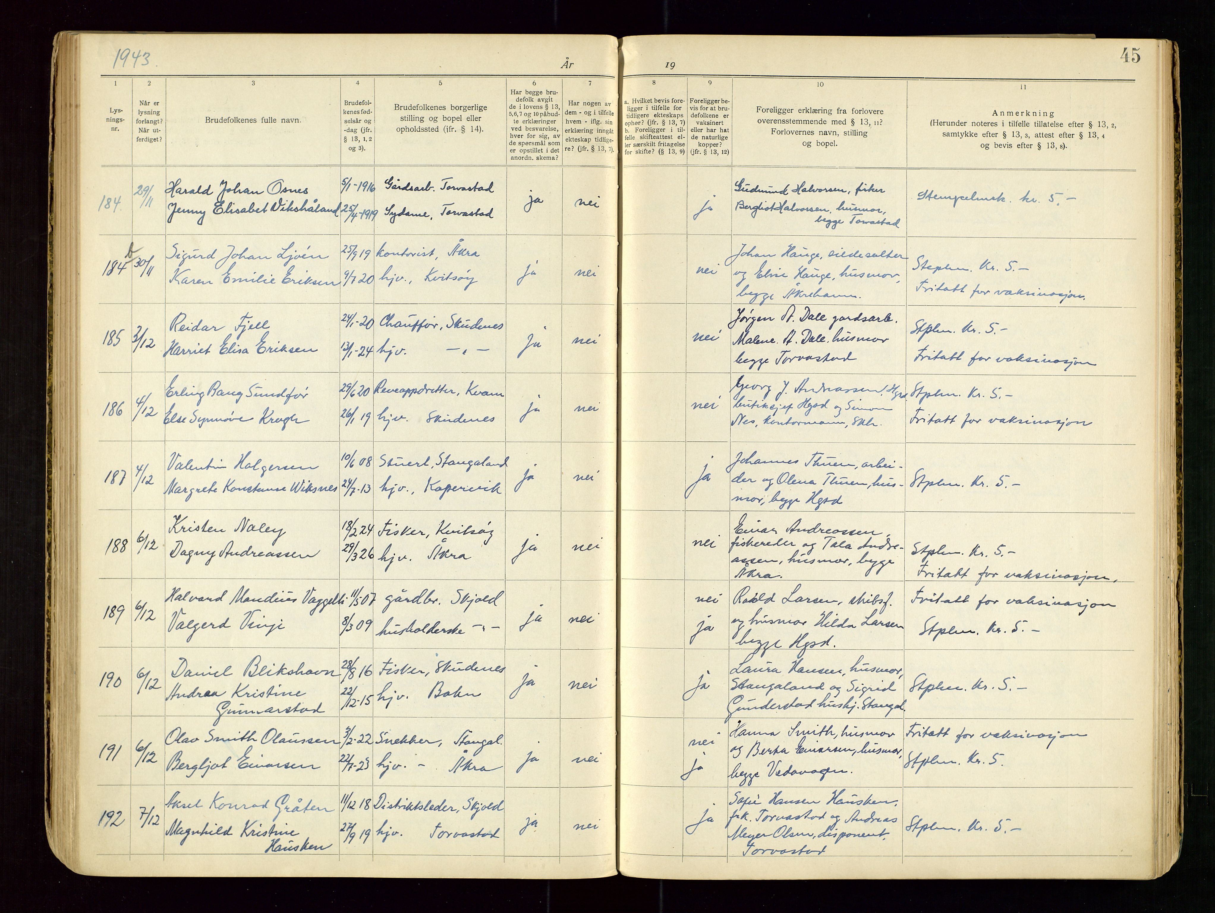 Karmsund sorenskriveri, AV/SAST-A-100311/01/III/IIICB/L0001: LYSINGSBOK, 1919-1967, p. 45