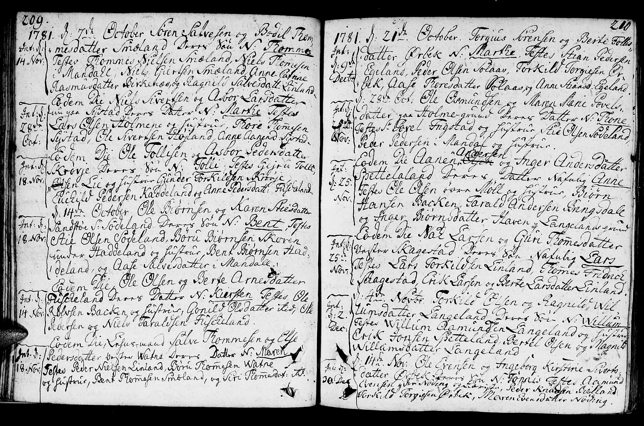 Holum sokneprestkontor, AV/SAK-1111-0022/F/Fa/Faa/L0003: Parish register (official) no. A 3, 1780-1821, p. 209-210