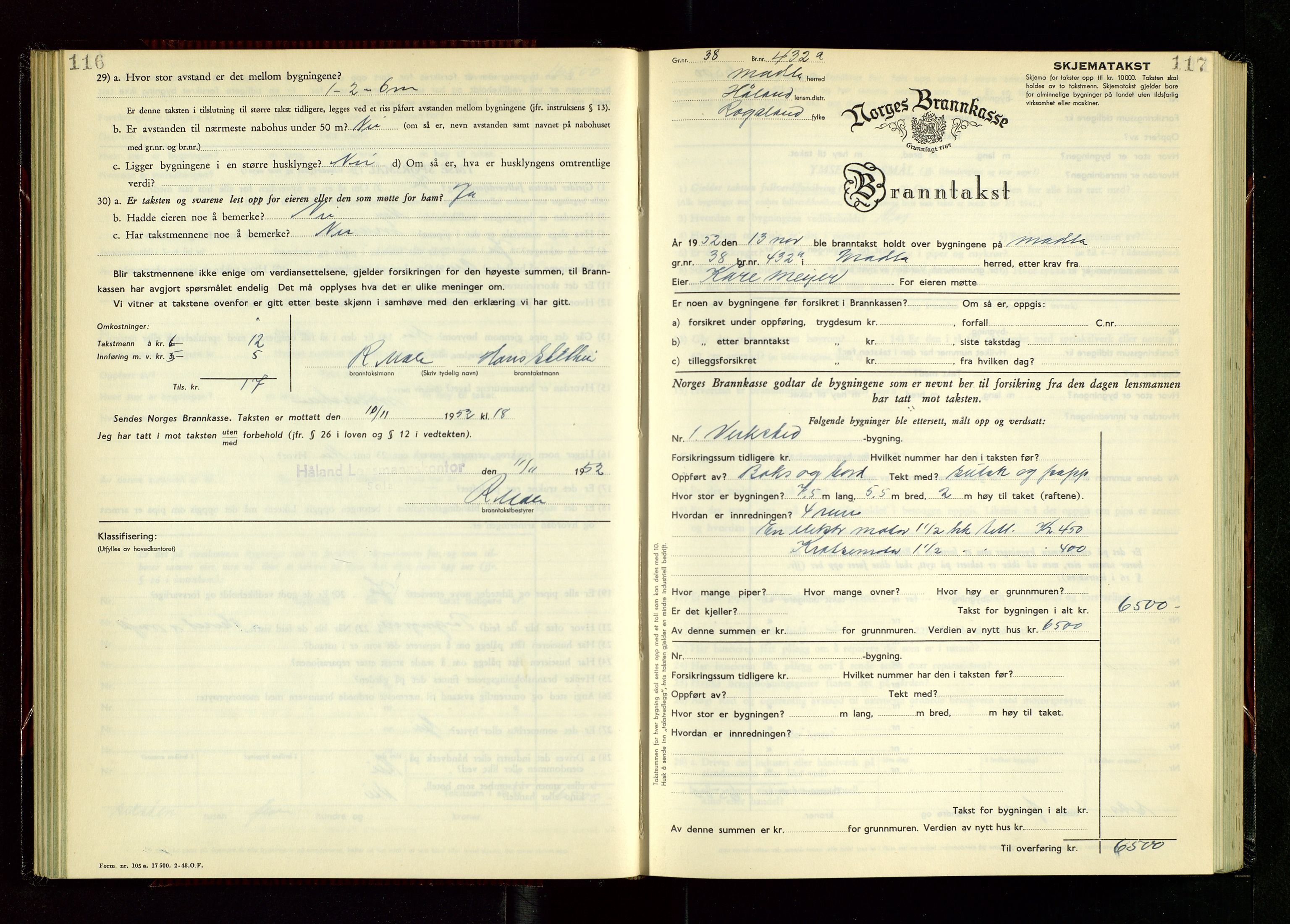 Håland lensmannskontor, AV/SAST-A-100100/Gob/L0014: "Branntakstprotokoll" - skjematakst, 1951-1955, p. 116-117