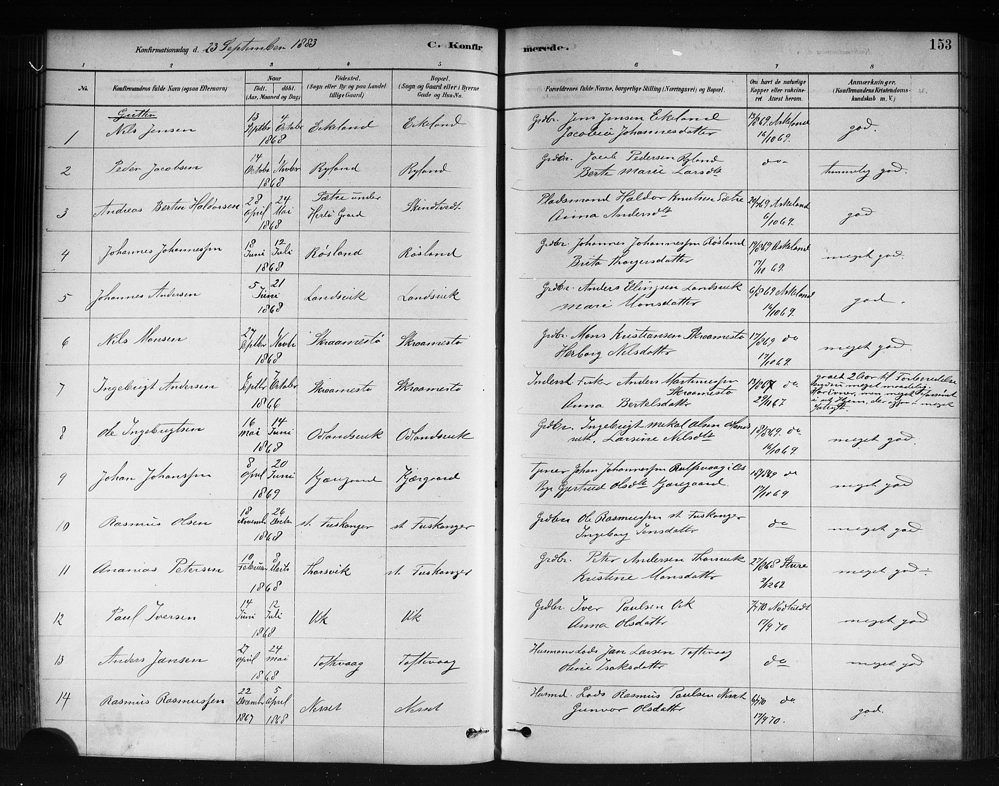 Herdla Sokneprestembete, AV/SAB-A-75701/H/Haa: Parish register (official) no. A 3, 1878-1890, p. 153