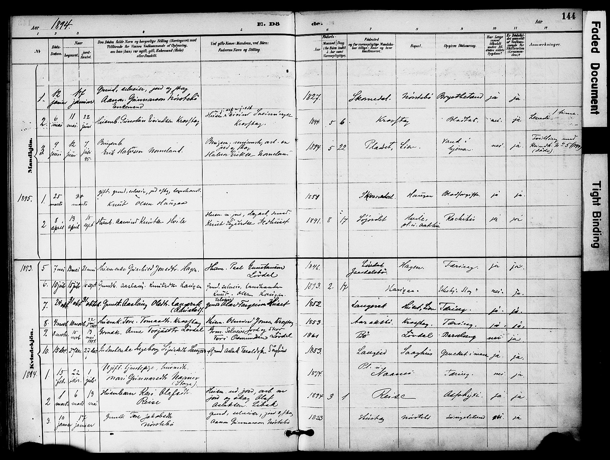 Bygland sokneprestkontor, AV/SAK-1111-0006/F/Fa/Fab/L0007: Parish register (official) no. A 7, 1885-1909, p. 144