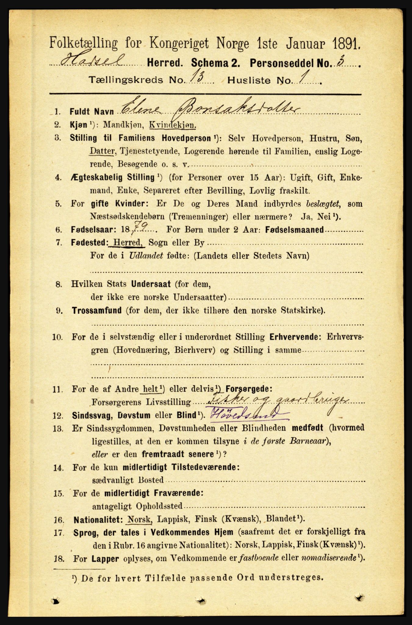 RA, 1891 census for 1866 Hadsel, 1891, p. 5825