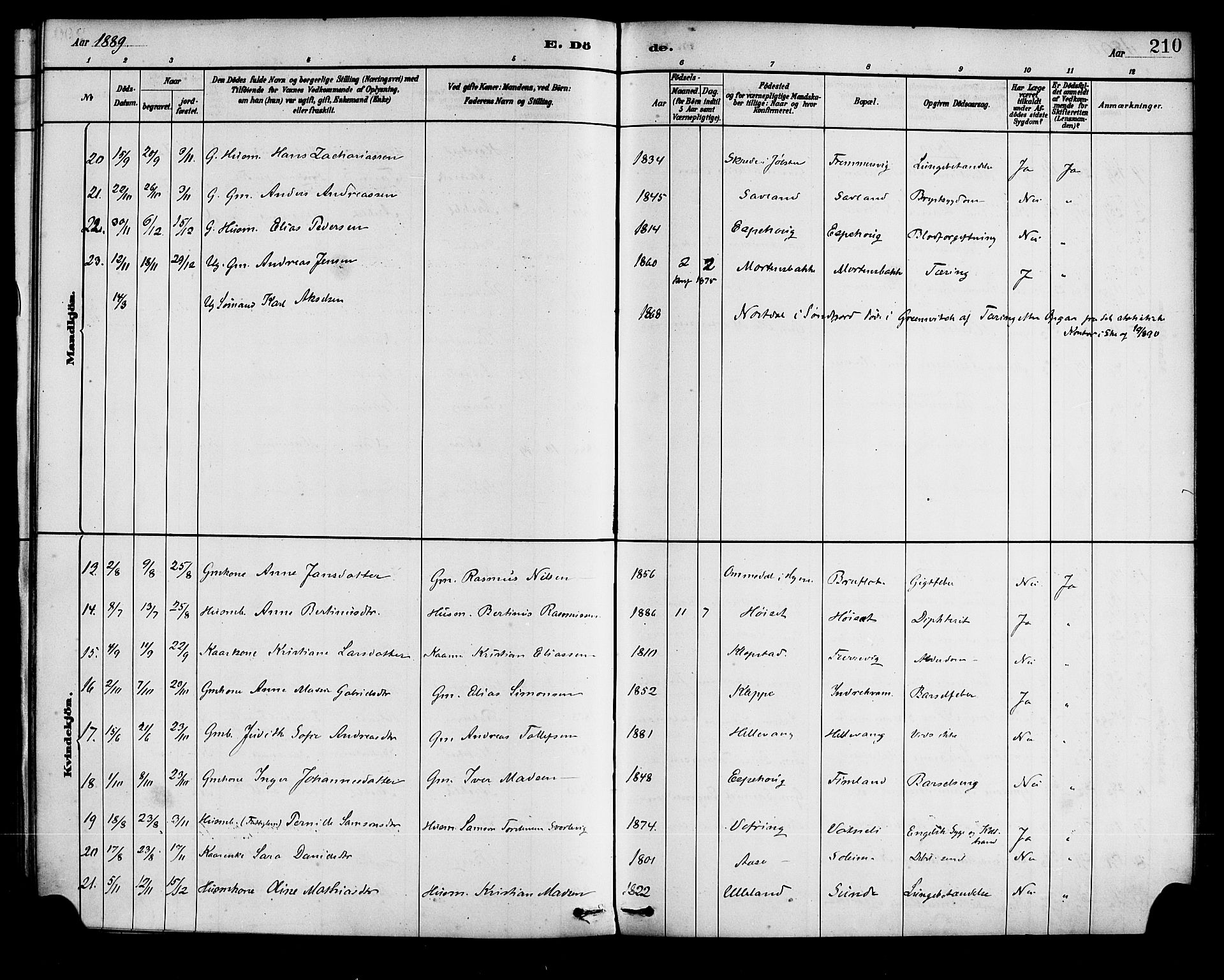 Førde sokneprestembete, SAB/A-79901/H/Haa/Haad/L0001: Parish register (official) no. D 1, 1881-1898, p. 210