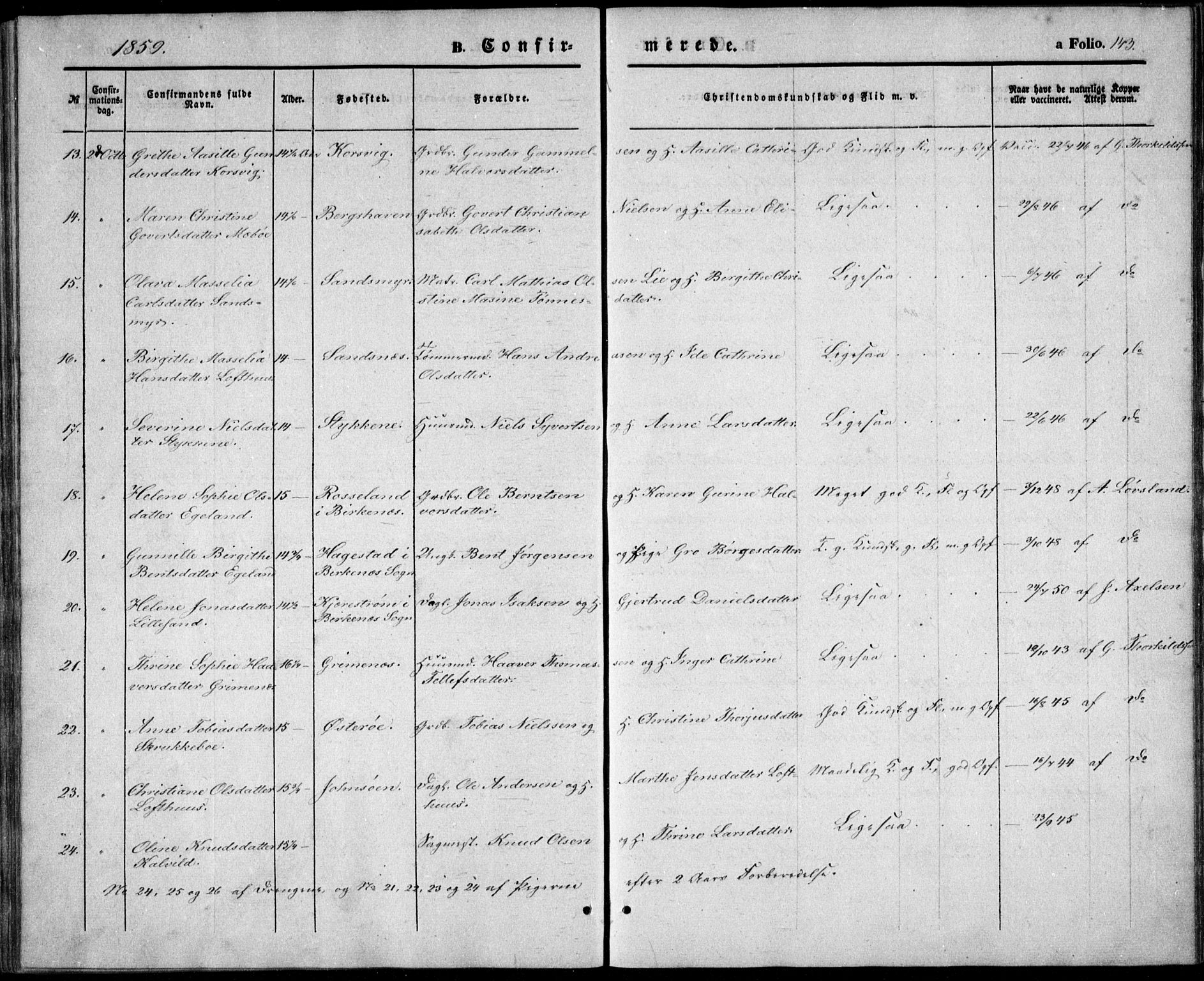 Vestre Moland sokneprestkontor, AV/SAK-1111-0046/F/Fb/Fbb/L0003: Parish register (copy) no. B 3, 1851-1861, p. 143