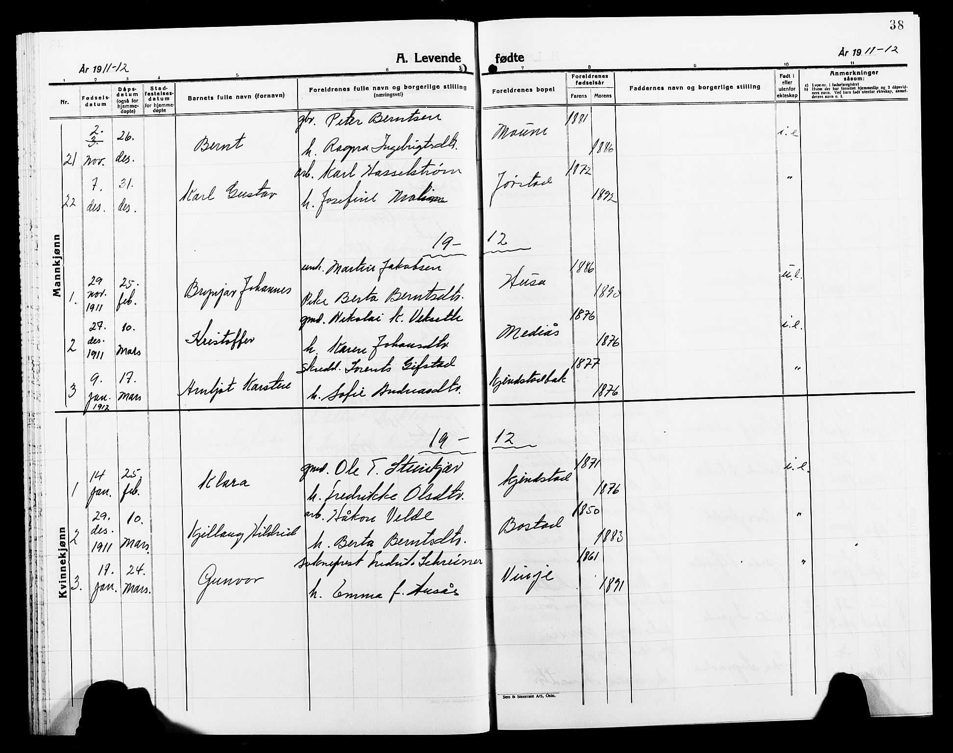 Ministerialprotokoller, klokkerbøker og fødselsregistre - Nord-Trøndelag, AV/SAT-A-1458/749/L0488: Parish register (official) no. 749D04, 1903-1915, p. 38