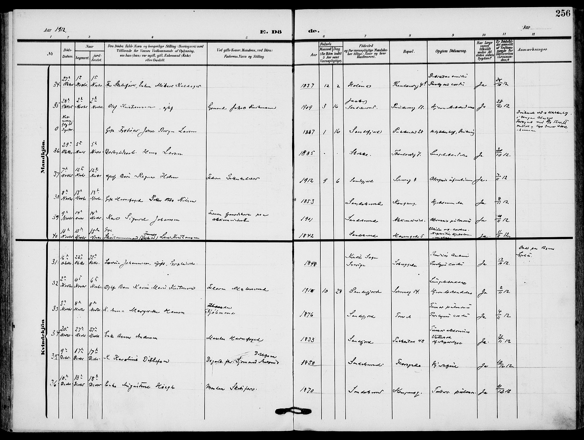 Sandefjord kirkebøker, AV/SAKO-A-315/F/Fa/L0005: Parish register (official) no. 5, 1906-1915, p. 256