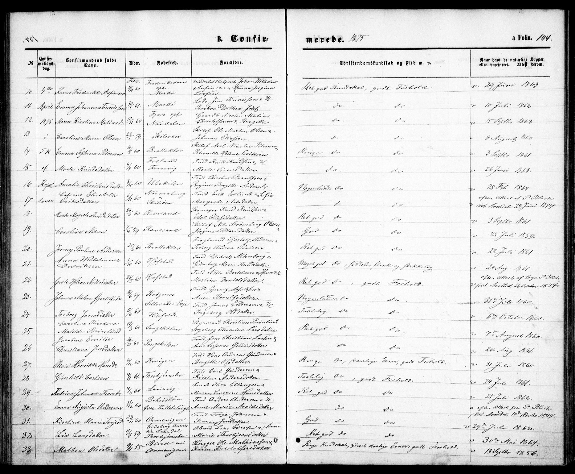 Tromøy sokneprestkontor, SAK/1111-0041/F/Fb/L0004: Parish register (copy) no. B 4, 1869-1877, p. 104