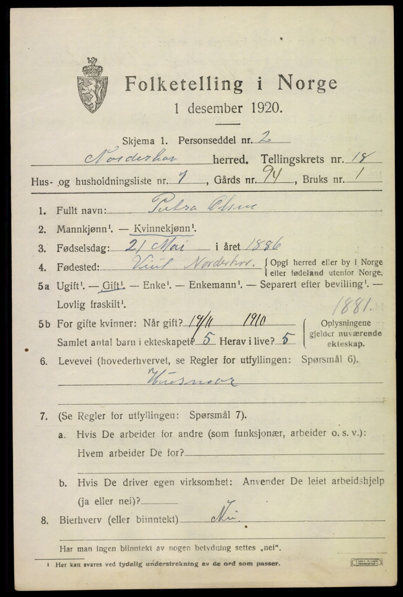 SAKO, 1920 census for Norderhov, 1920, p. 19557