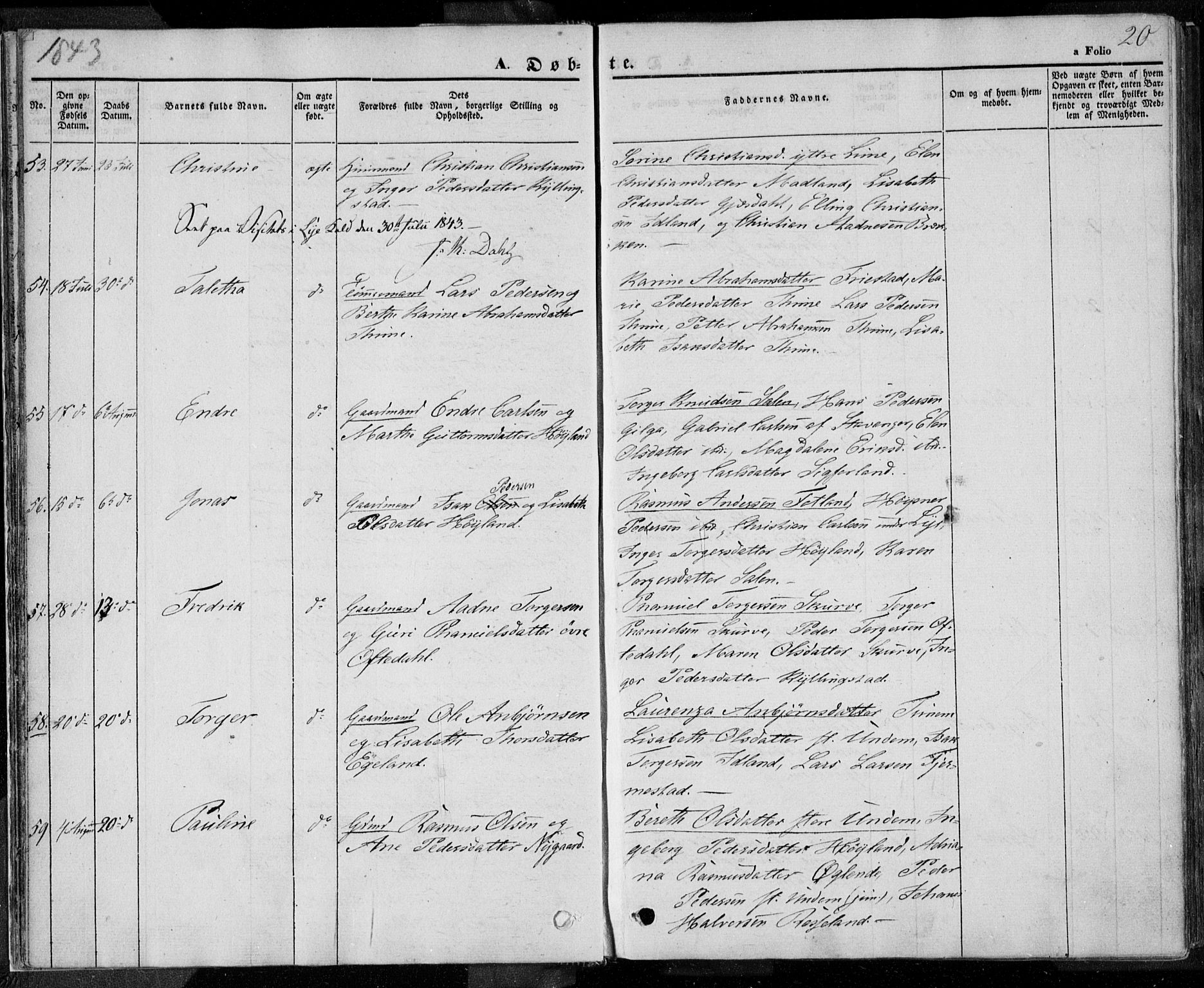 Lye sokneprestkontor, AV/SAST-A-101794/001/30BA/L0005: Parish register (official) no. A 5.1, 1842-1855, p. 20