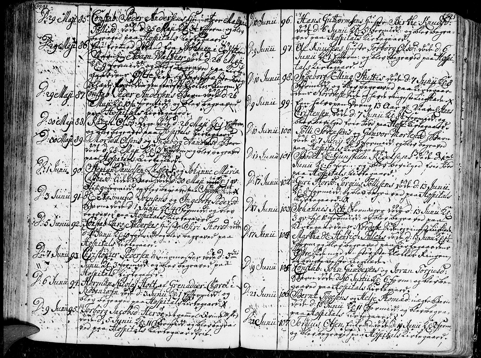 Kristiansand domprosti, AV/SAK-1112-0006/F/Fa/L0001: Parish register (official) no. A 1, 1734-1793, p. 524-525