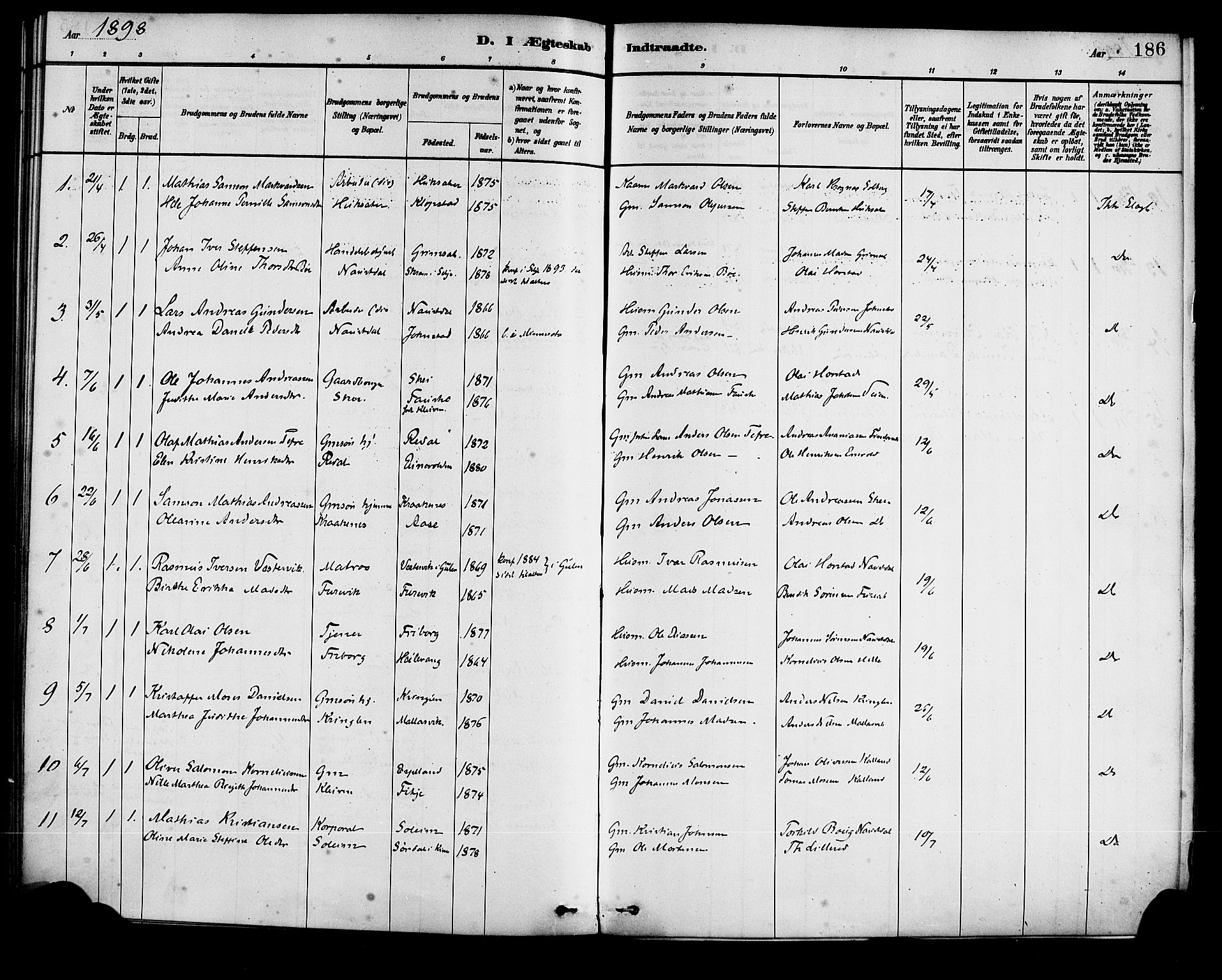 Førde sokneprestembete, SAB/A-79901/H/Haa/Haad/L0001: Parish register (official) no. D 1, 1881-1898, p. 186