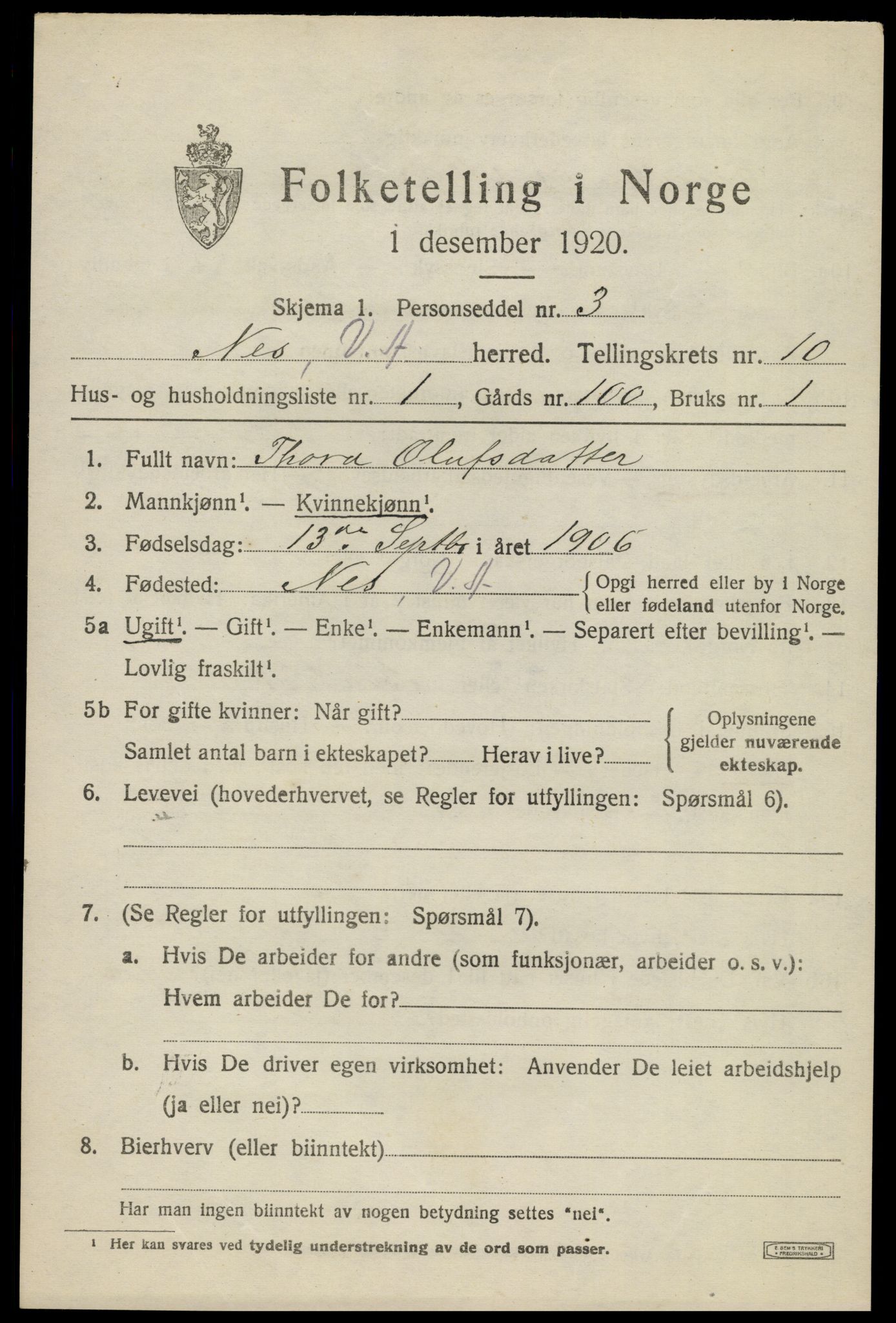 SAK, 1920 census for Nes (V-A), 1920, p. 3870