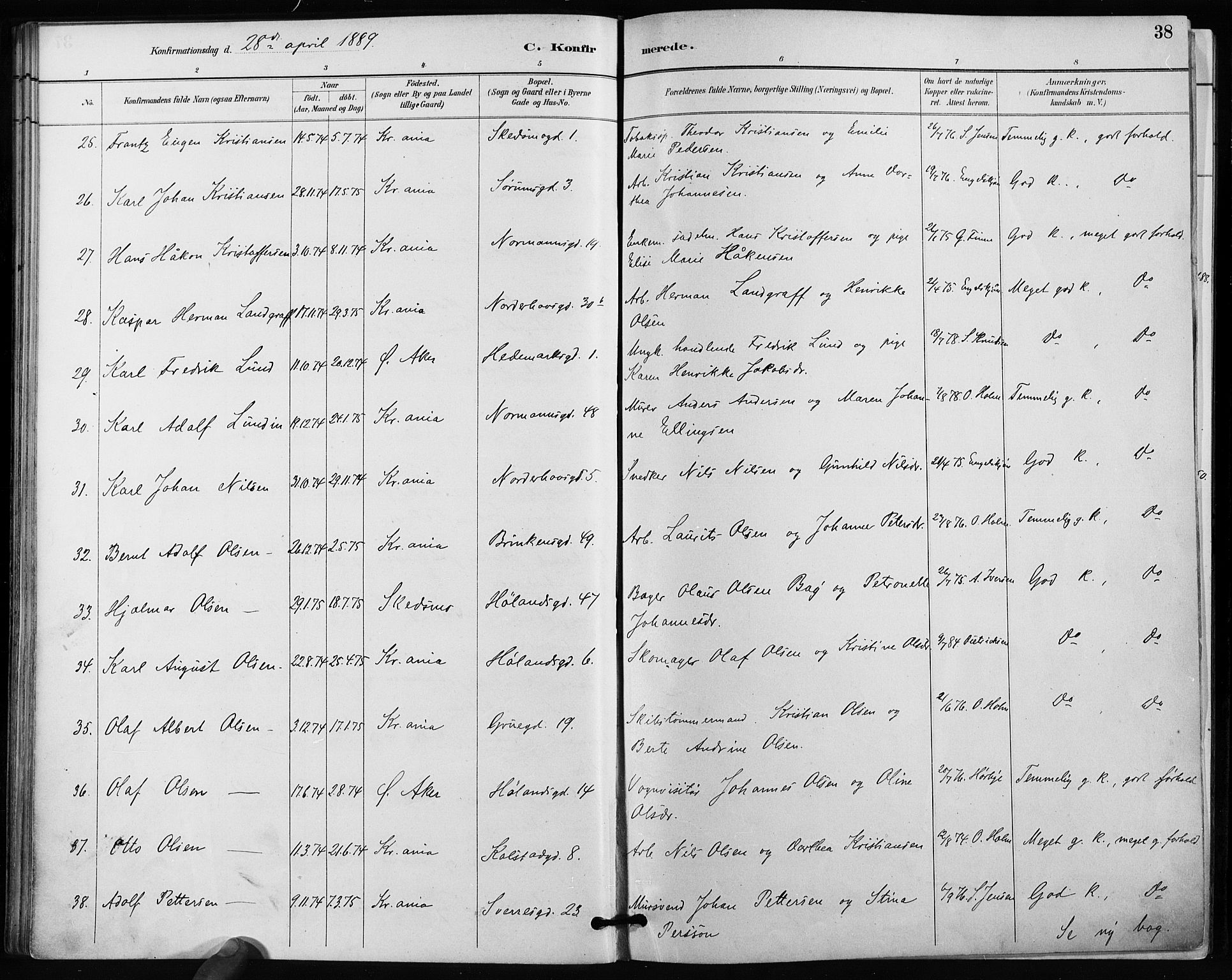 Kampen prestekontor Kirkebøker, AV/SAO-A-10853/F/Fa/L0004: Parish register (official) no. I 4, 1885-1892, p. 38