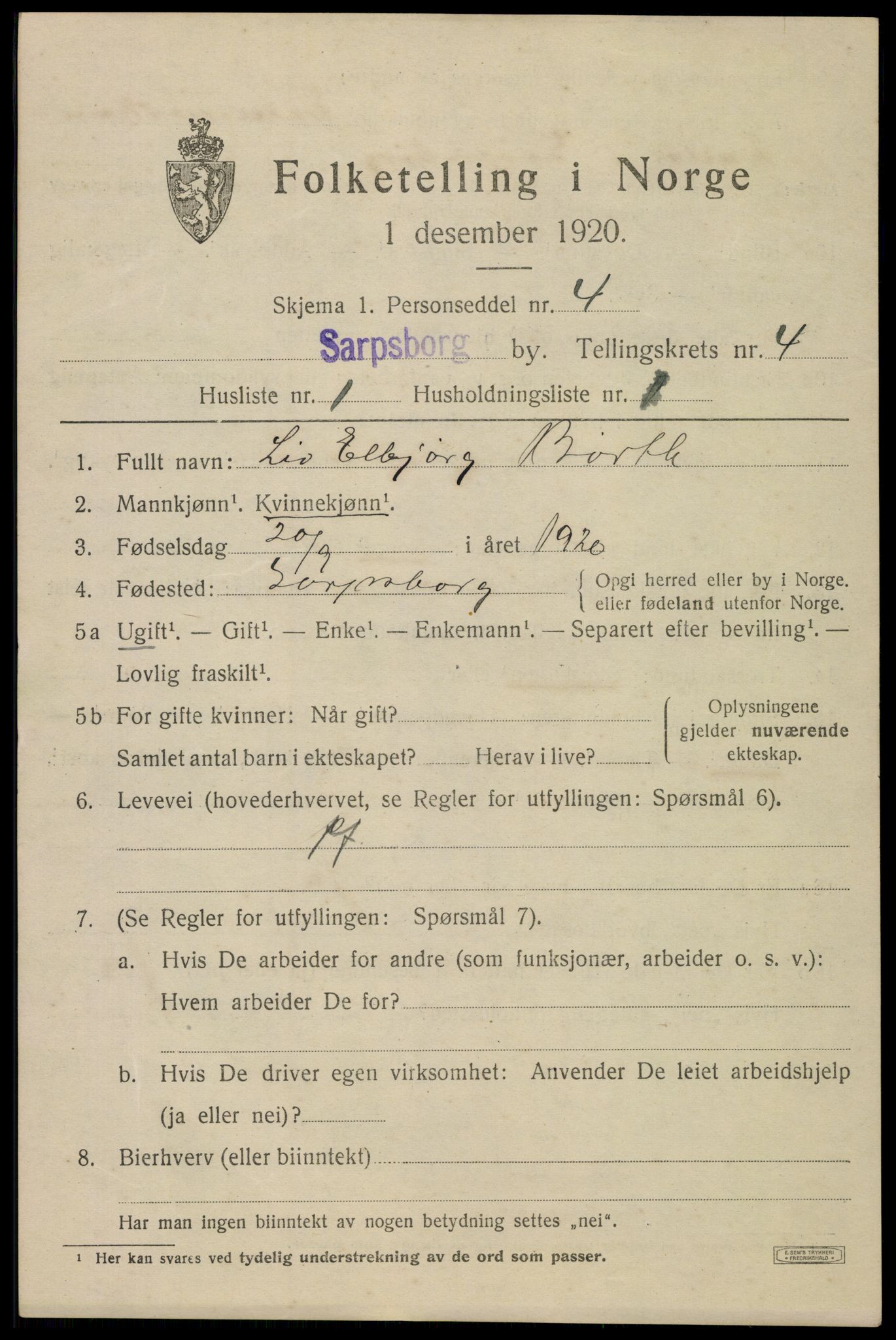 SAO, 1920 census for Sarpsborg, 1920, p. 11818