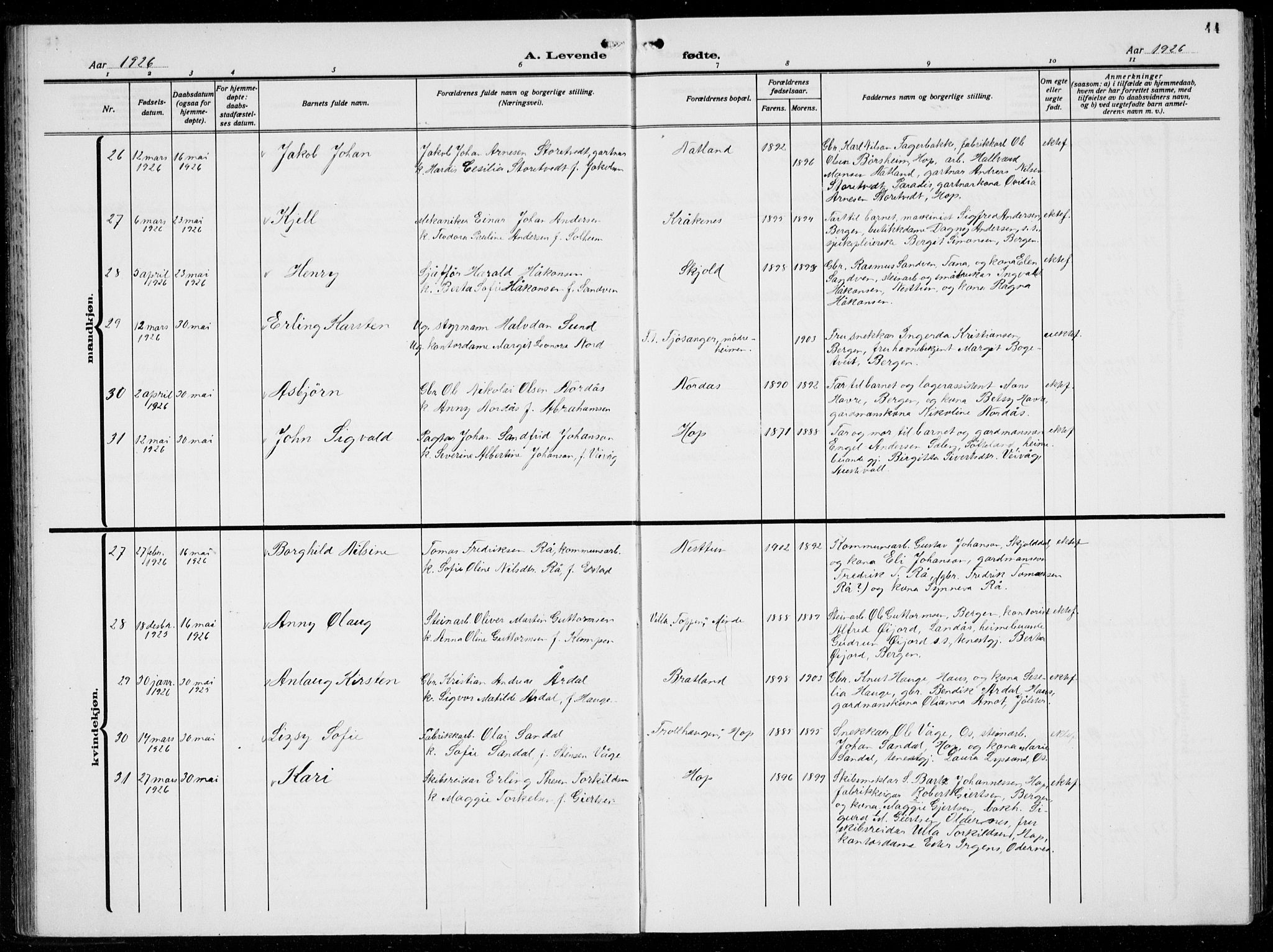 Birkeland Sokneprestembete, AV/SAB-A-74601/H/Hab: Parish register (copy) no. A  8, 1923-1933, p. 44