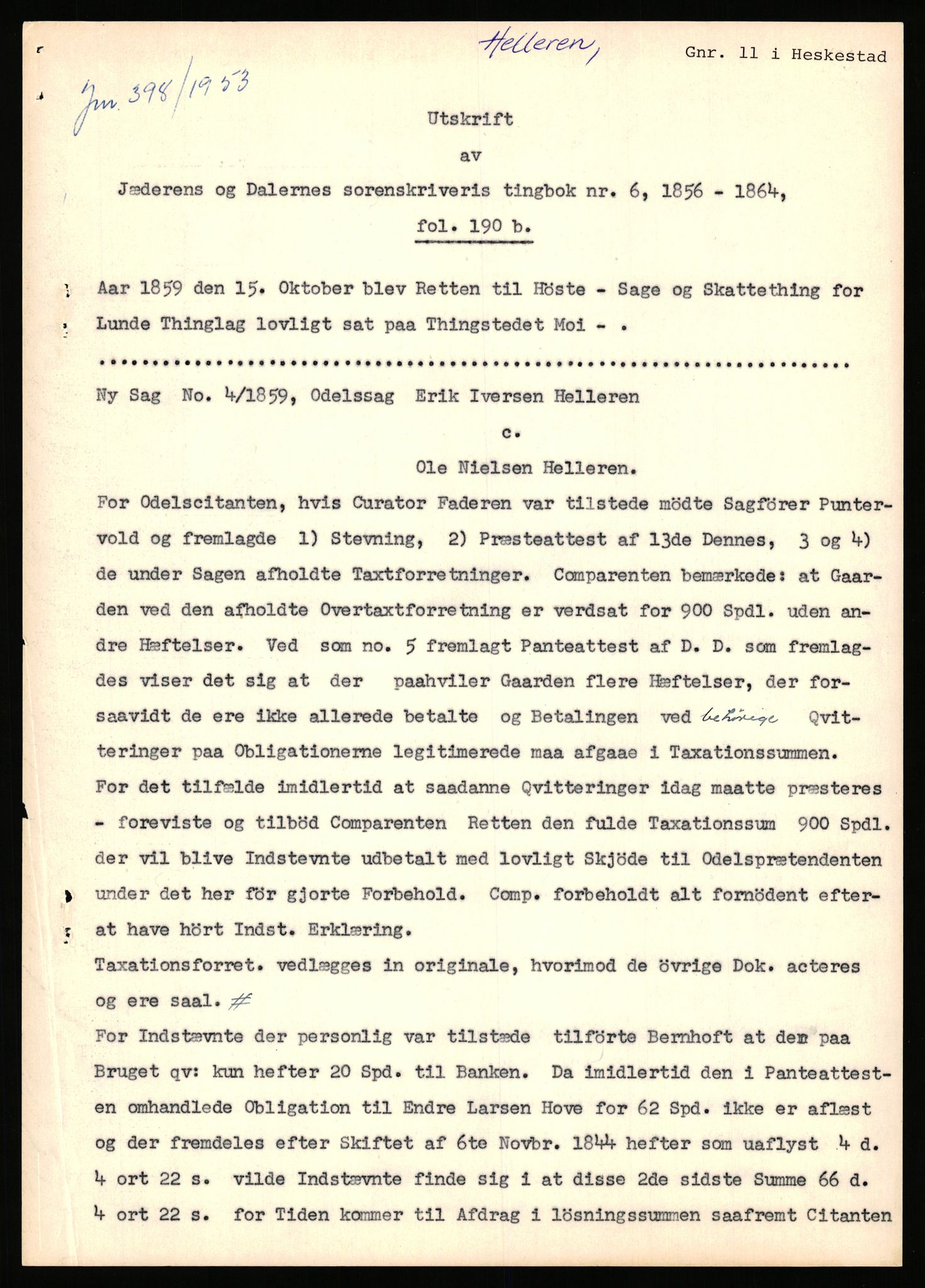 Statsarkivet i Stavanger, AV/SAST-A-101971/03/Y/Yj/L0035: Avskrifter sortert etter gårdsnavn: Helleland - Hersdal, 1750-1930, p. 17