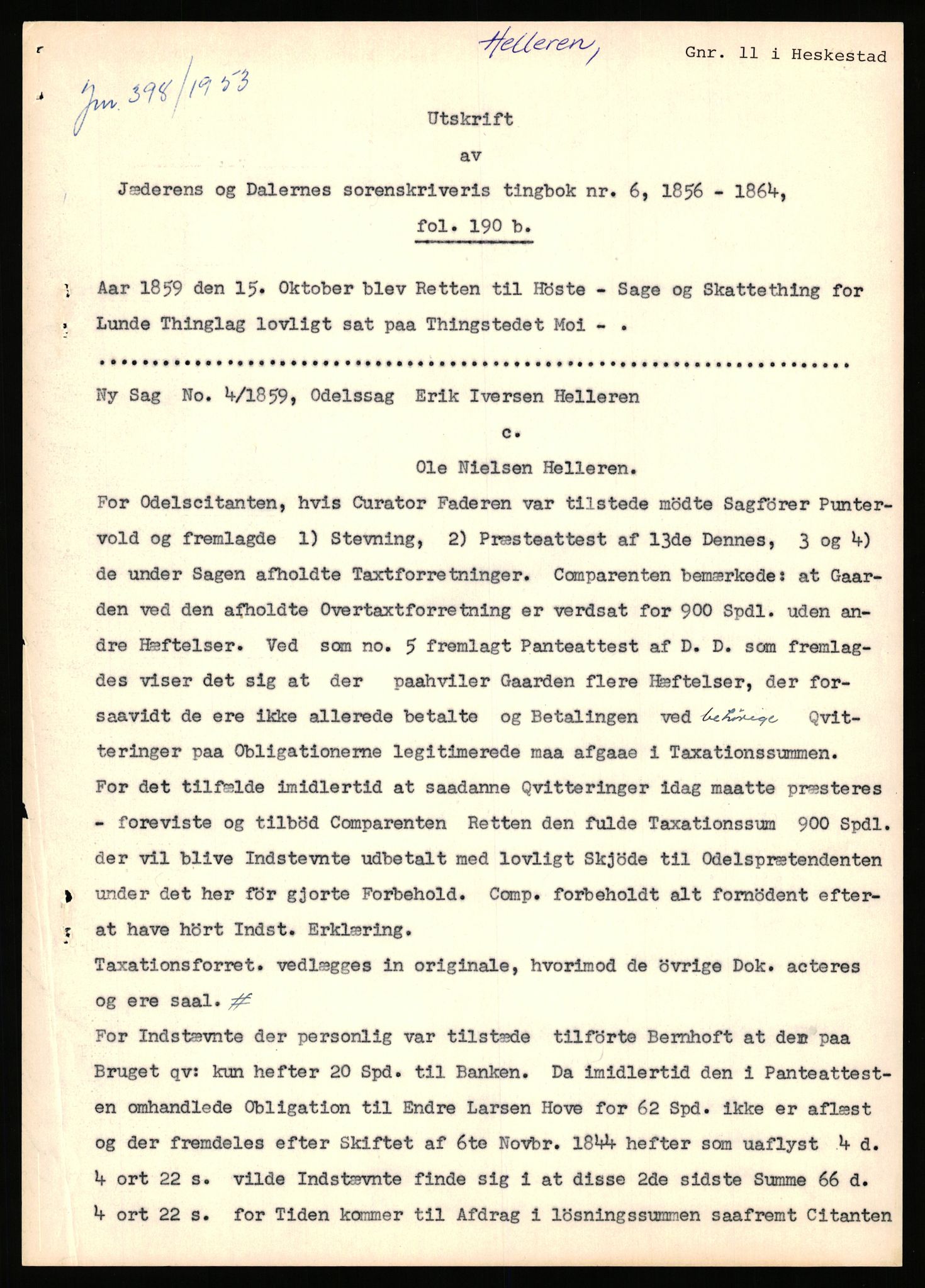 Statsarkivet i Stavanger, SAST/A-101971/03/Y/Yj/L0035: Avskrifter sortert etter gårdsnavn: Helleland - Hersdal, 1750-1930, p. 17