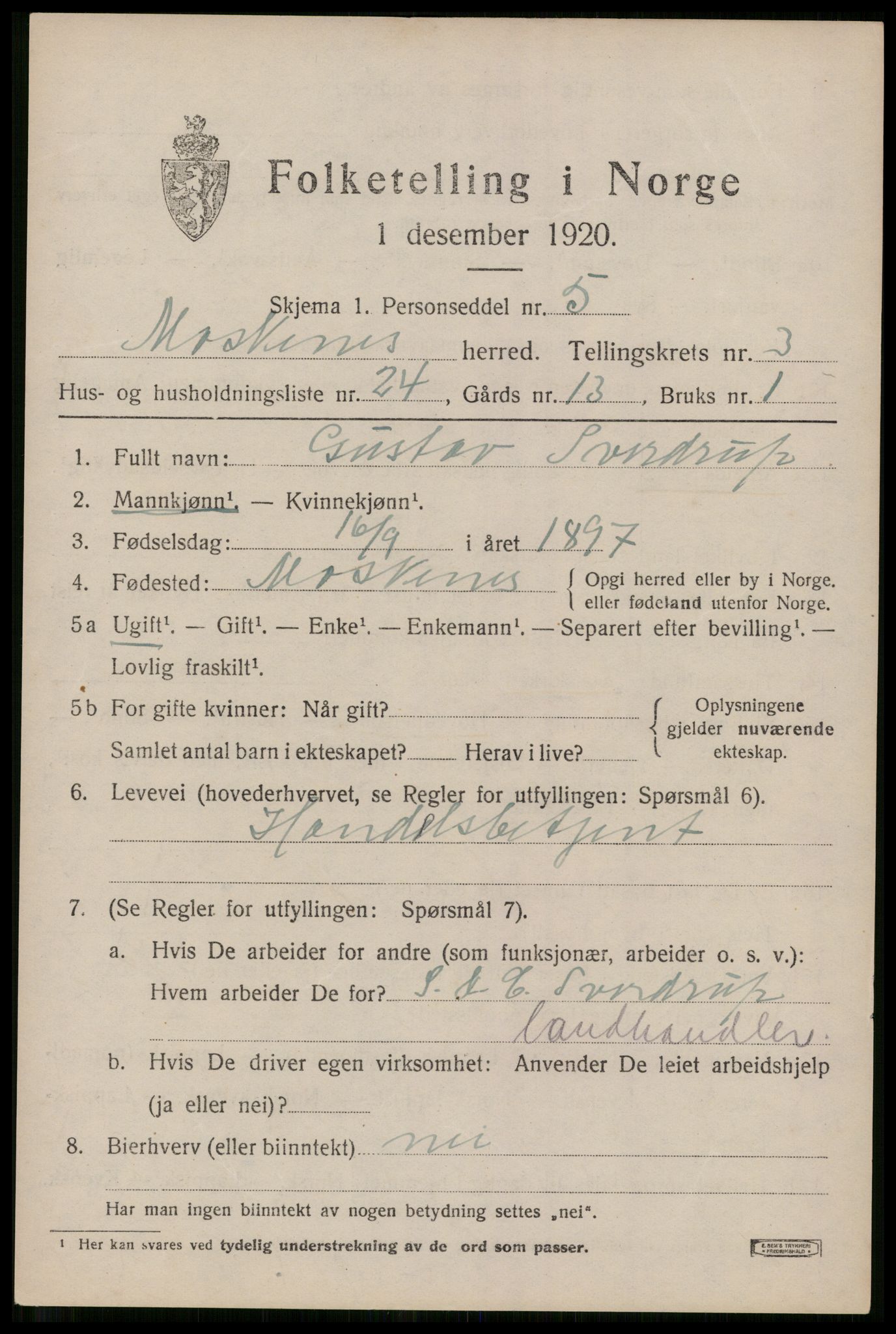 SAT, 1920 census for Moskenes, 1920, p. 1992