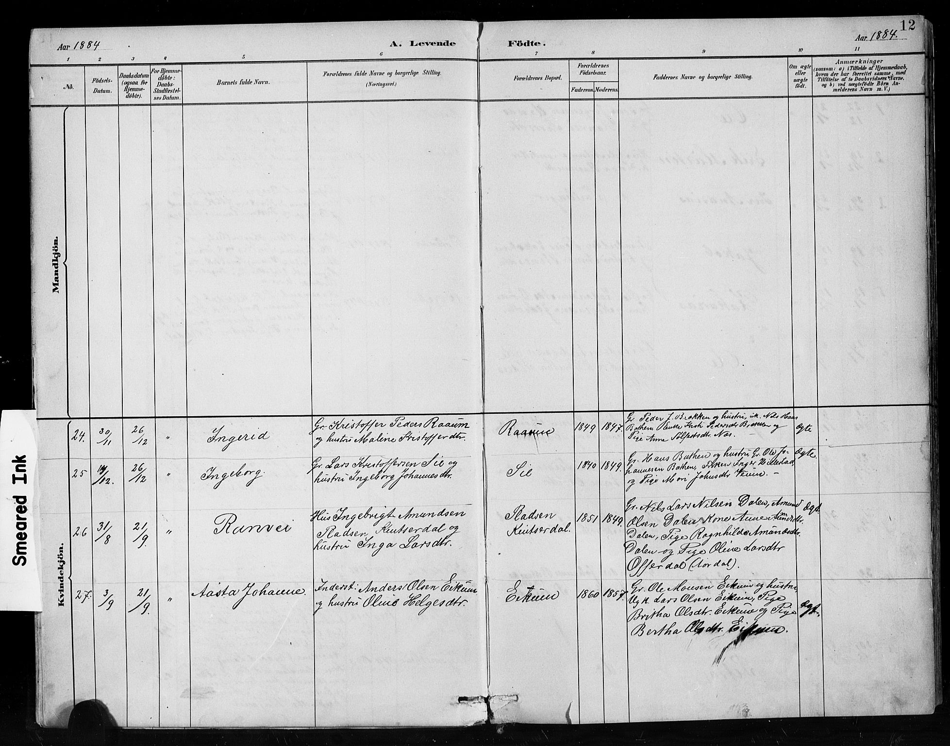 Hafslo sokneprestembete, SAB/A-80301/H/Hab/Habc/L0001: Parish register (copy) no. C 1, 1882-1908, p. 12