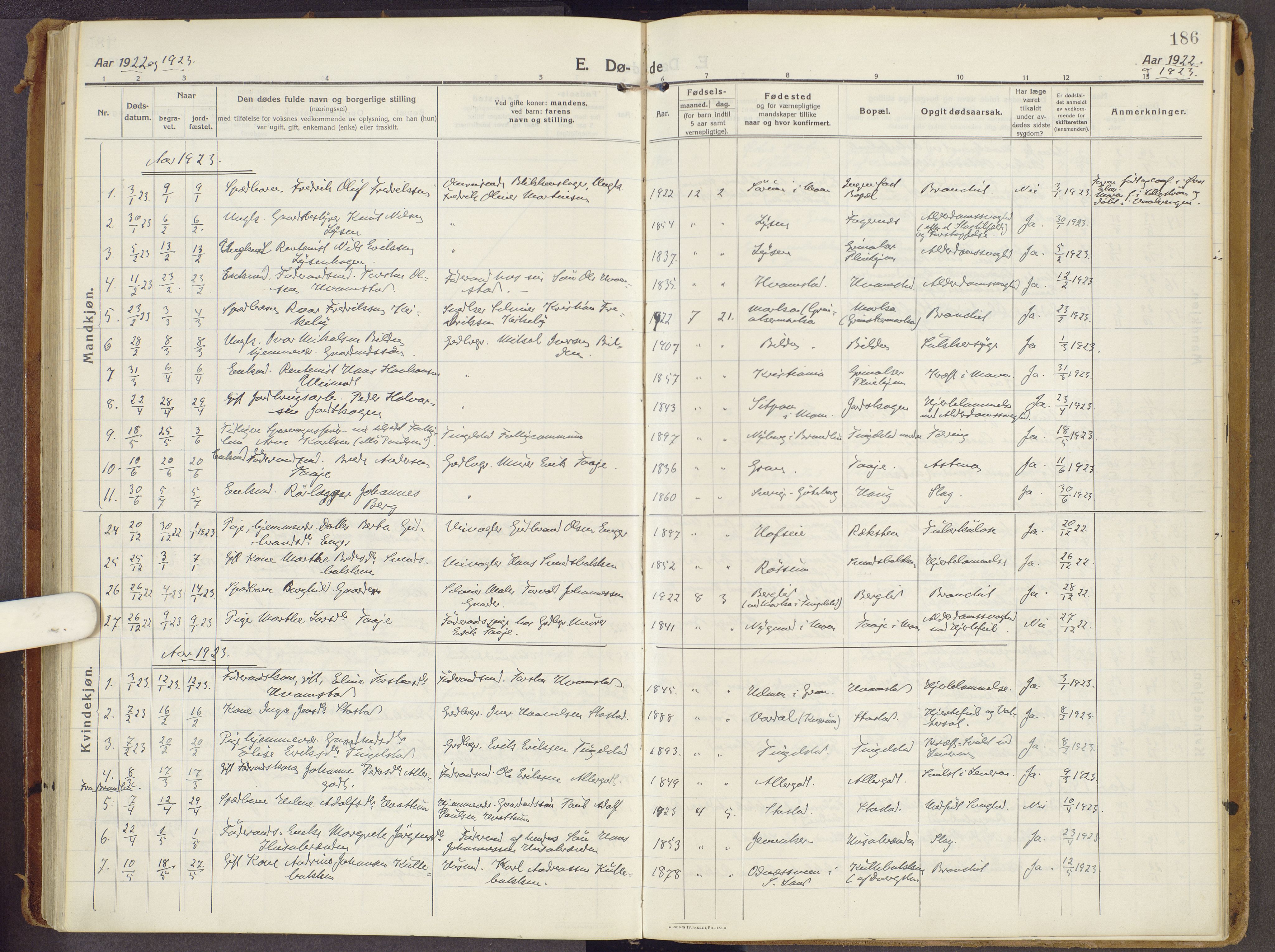 Brandbu prestekontor, SAH/PREST-114/H/Ha/Haa/L0003: Parish register (official) no. 3, 1914-1928, p. 186