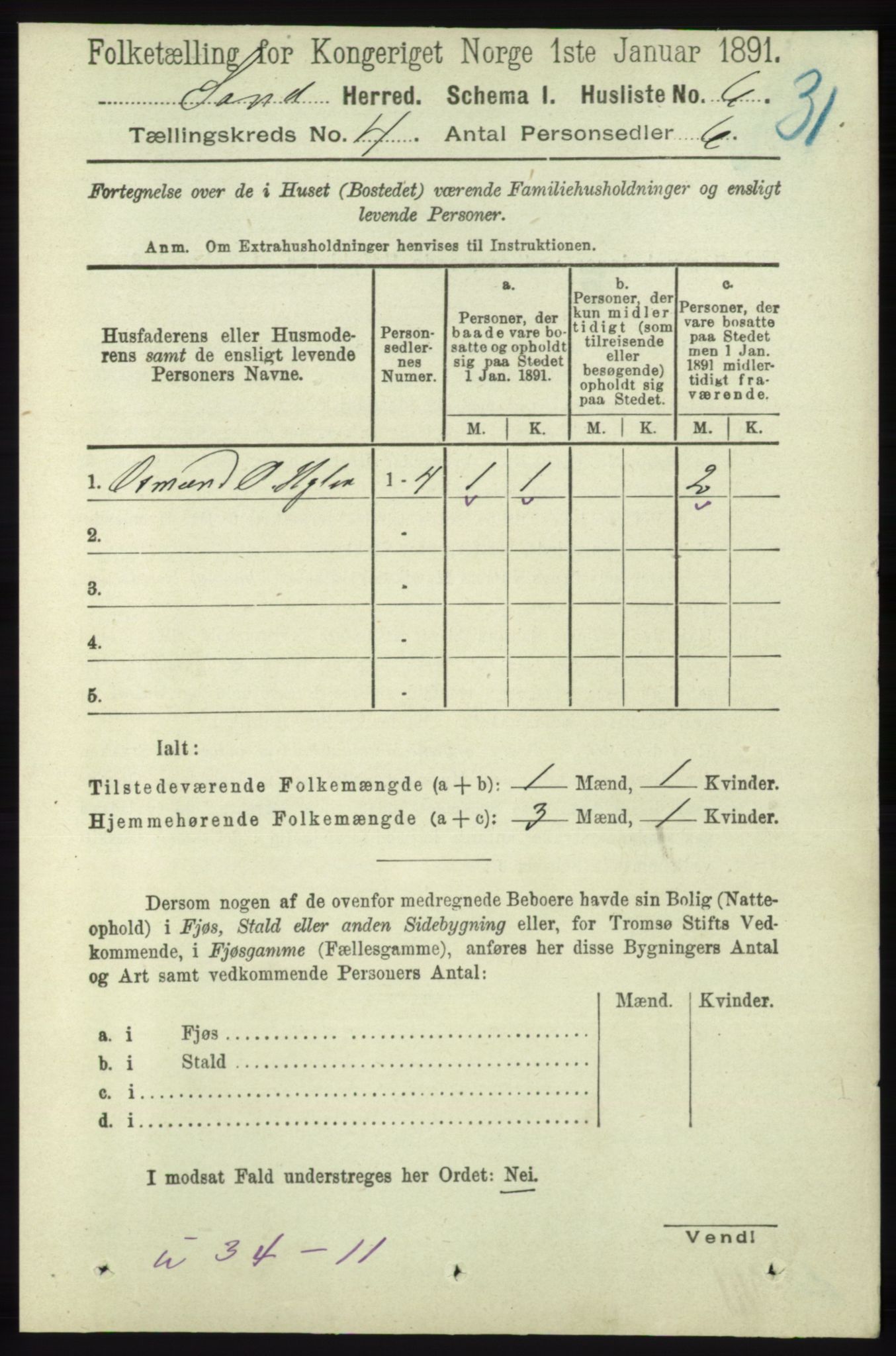 RA, 1891 census for 1136 Sand, 1891, p. 1159