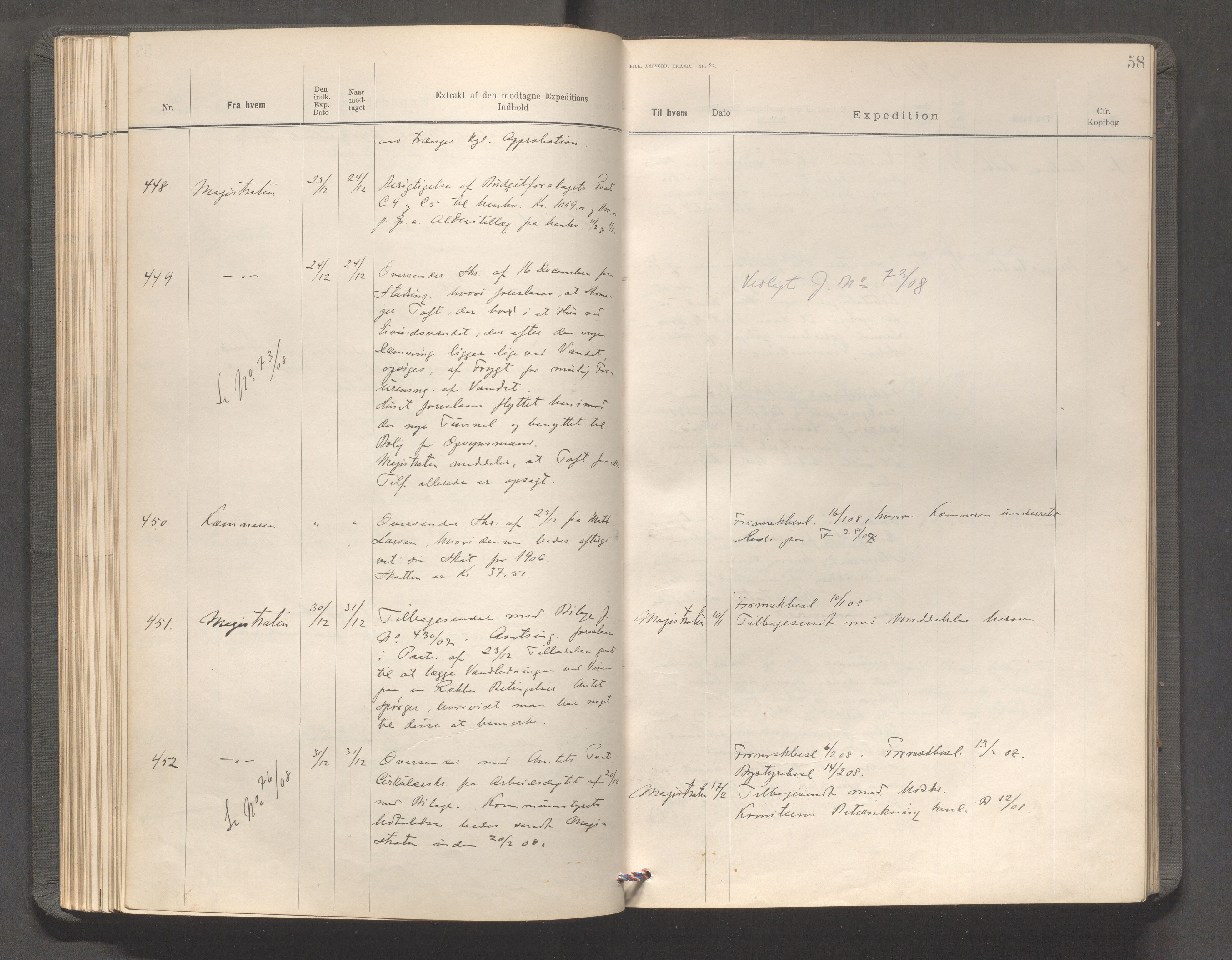 Haugesund kommune - Formannskapet, IKAR/X-0001/C/L0003: Journal, 1907-1910, p. 58