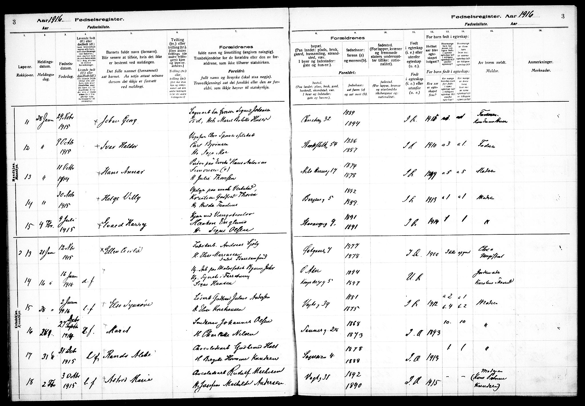 Sagene prestekontor Kirkebøker, SAO/A-10796/J/L0001: Birth register no. 1, 1916-1920, p. 3