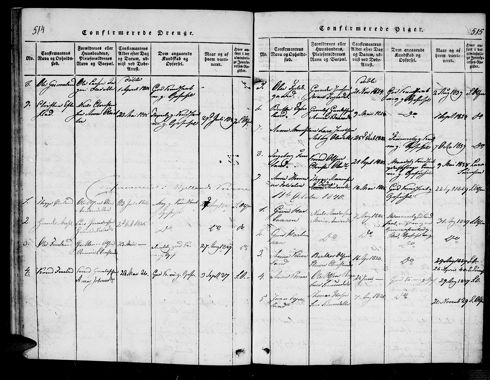 Bjelland sokneprestkontor, SAK/1111-0005/F/Fa/Fab/L0002: Parish register (official) no. A 2, 1816-1869, p. 514-515