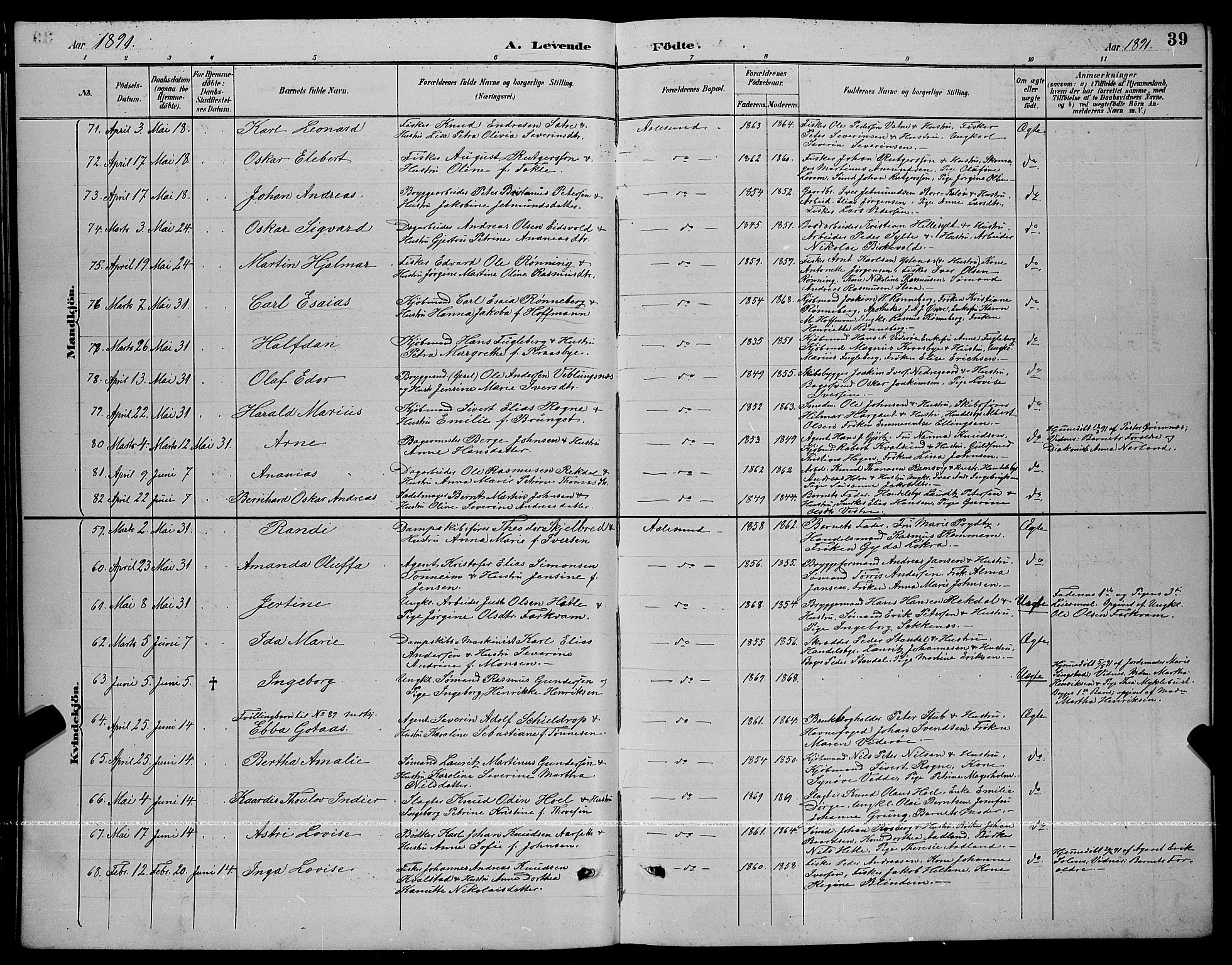 Ministerialprotokoller, klokkerbøker og fødselsregistre - Møre og Romsdal, AV/SAT-A-1454/529/L0467: Parish register (copy) no. 529C04, 1889-1897, p. 39