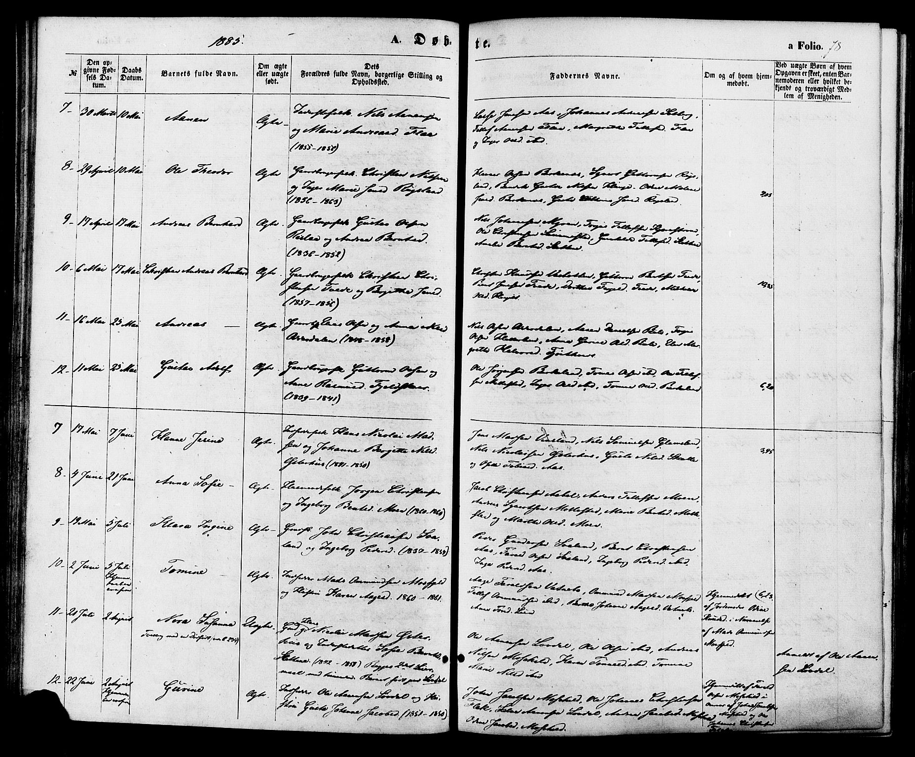 Birkenes sokneprestkontor, AV/SAK-1111-0004/F/Fa/L0004: Parish register (official) no. A 4, 1867-1886, p. 78