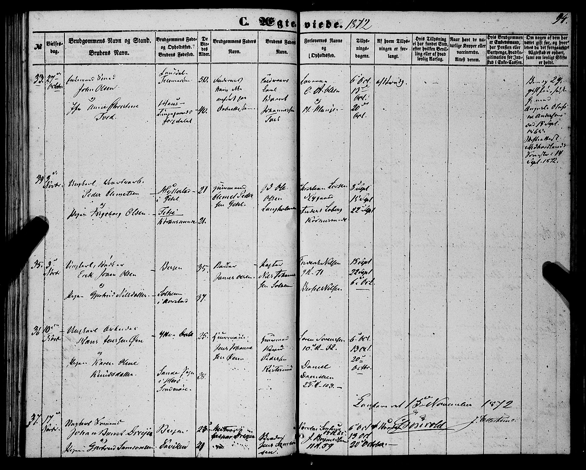 St. Jørgens hospital og Årstad sokneprestembete, SAB/A-99934: Parish register (official) no. A 9, 1853-1878, p. 94