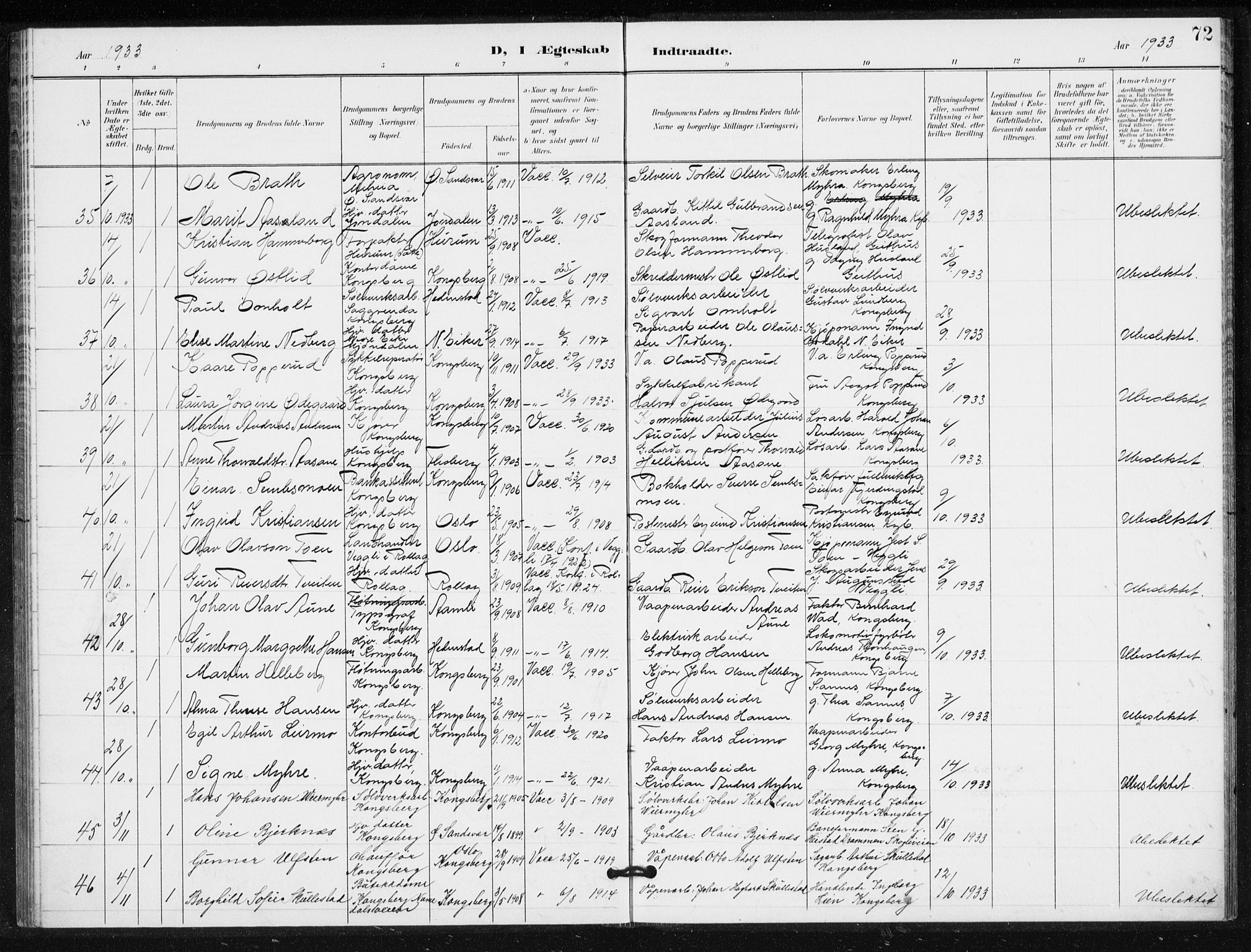 Kongsberg kirkebøker, AV/SAKO-A-22/G/Ga/L0009: Parish register (copy) no. 9, 1932-1938, p. 72