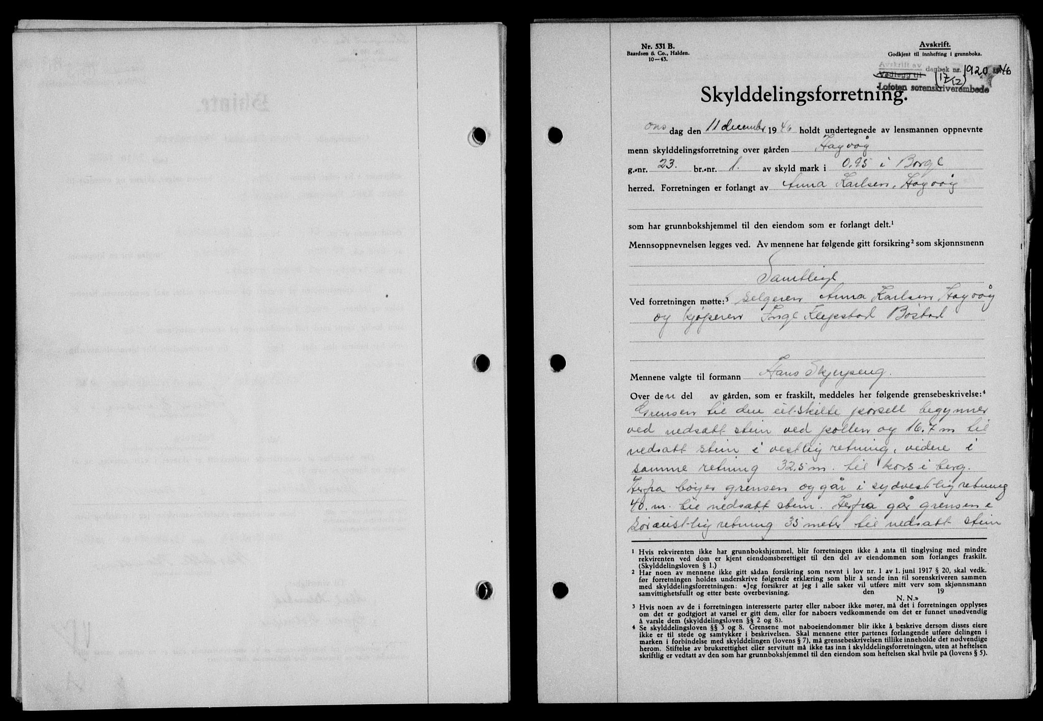 Lofoten sorenskriveri, SAT/A-0017/1/2/2C/L0015a: Mortgage book no. 15a, 1946-1947, Diary no: : 1920/1946