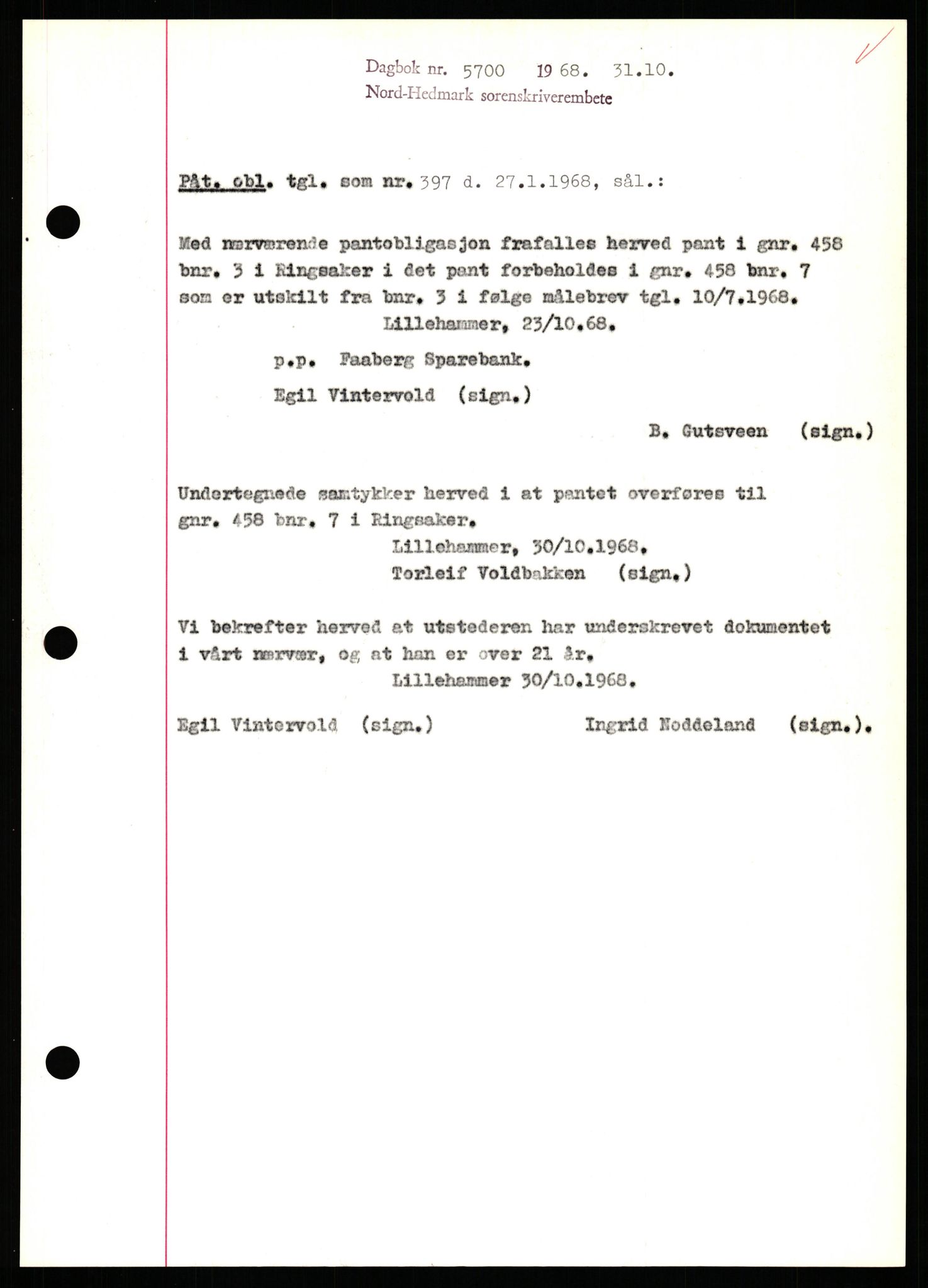 Nord-Hedmark sorenskriveri, SAH/TING-012/H/Hb/Hbf/L0077: Mortgage book no. B77, 1968-1969, Diary no: : 5700/1968
