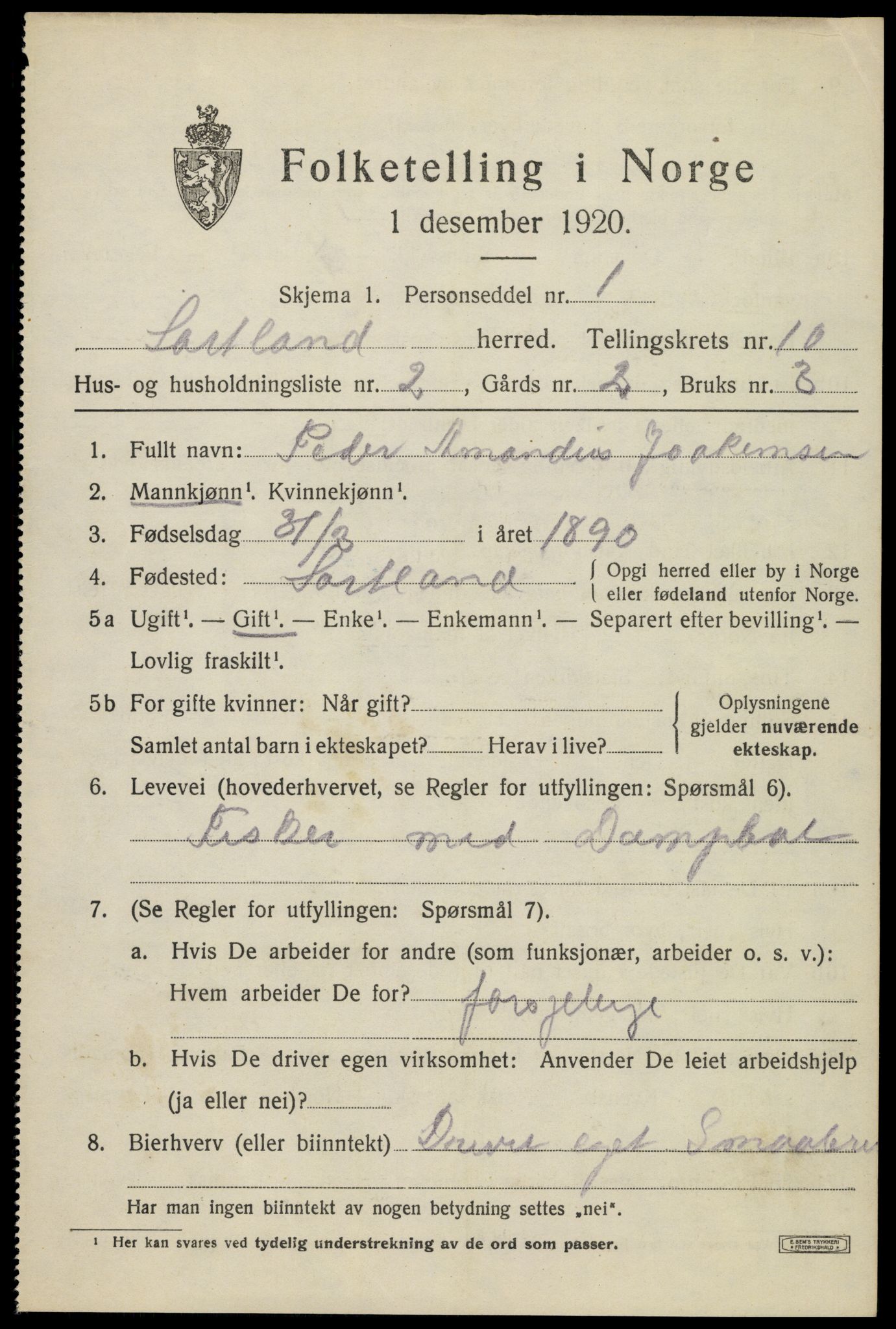 SAT, 1920 census for Sortland, 1920, p. 7624