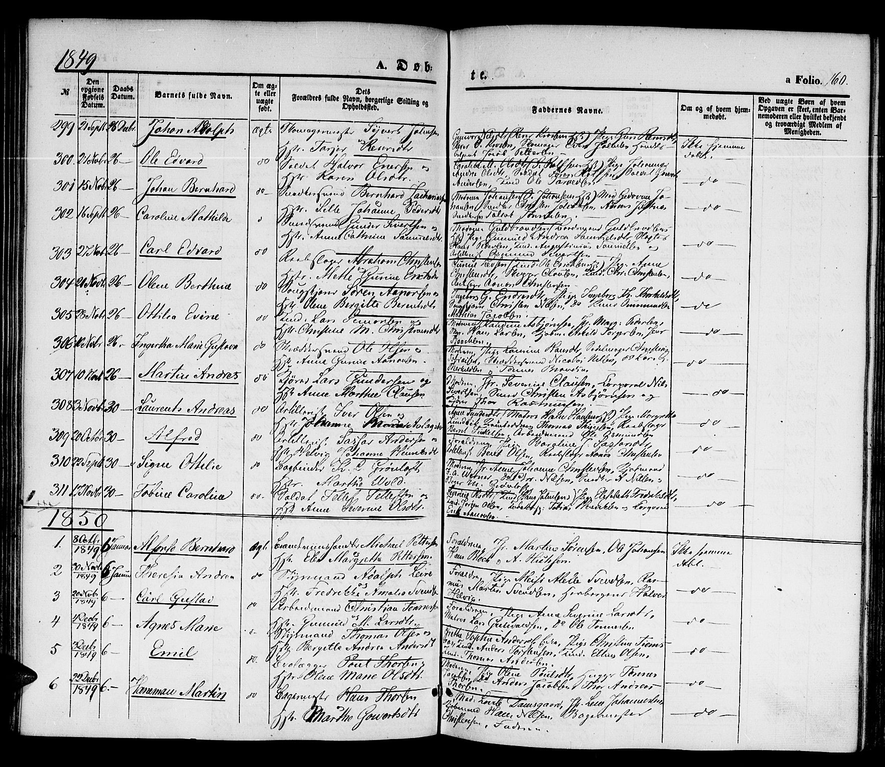 Kristiansand domprosti, SAK/1112-0006/F/Fb/L0010: Parish register (copy) no. B 10, 1843-1850, p. 160