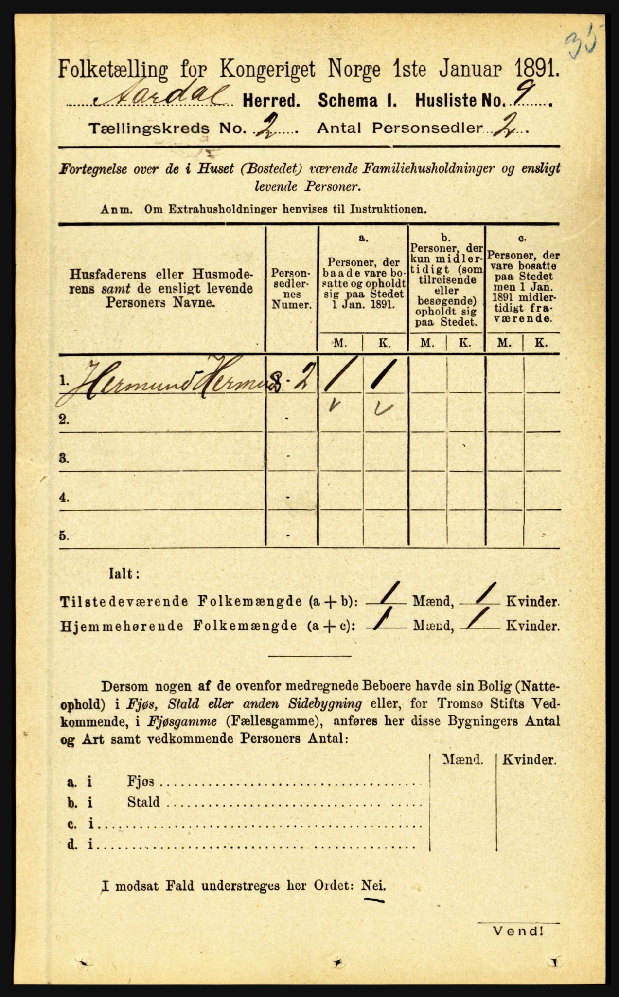 RA, 1891 census for 1424 Årdal, 1891, p. 135