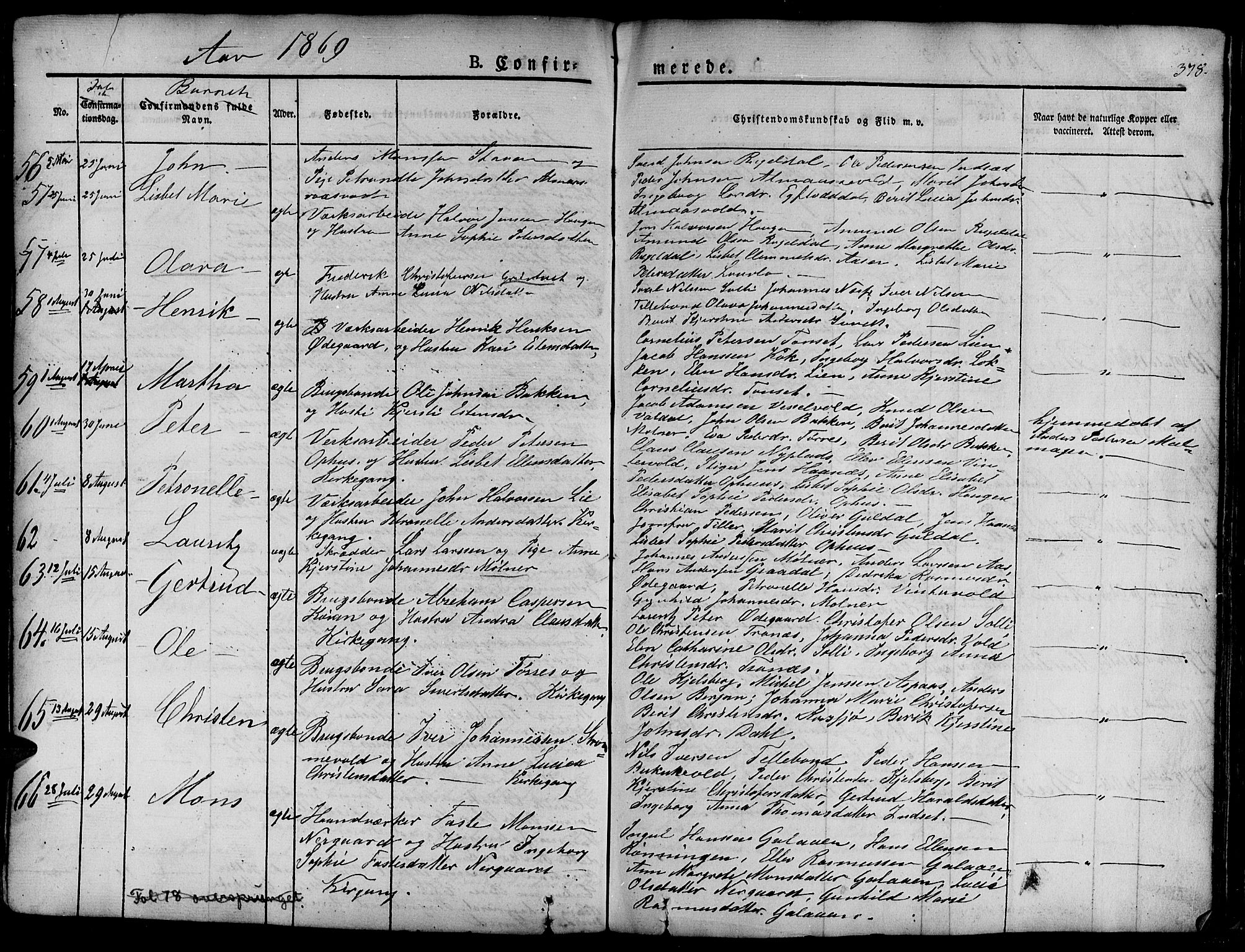 Ministerialprotokoller, klokkerbøker og fødselsregistre - Sør-Trøndelag, SAT/A-1456/681/L0938: Parish register (copy) no. 681C02, 1829-1879, p. 378