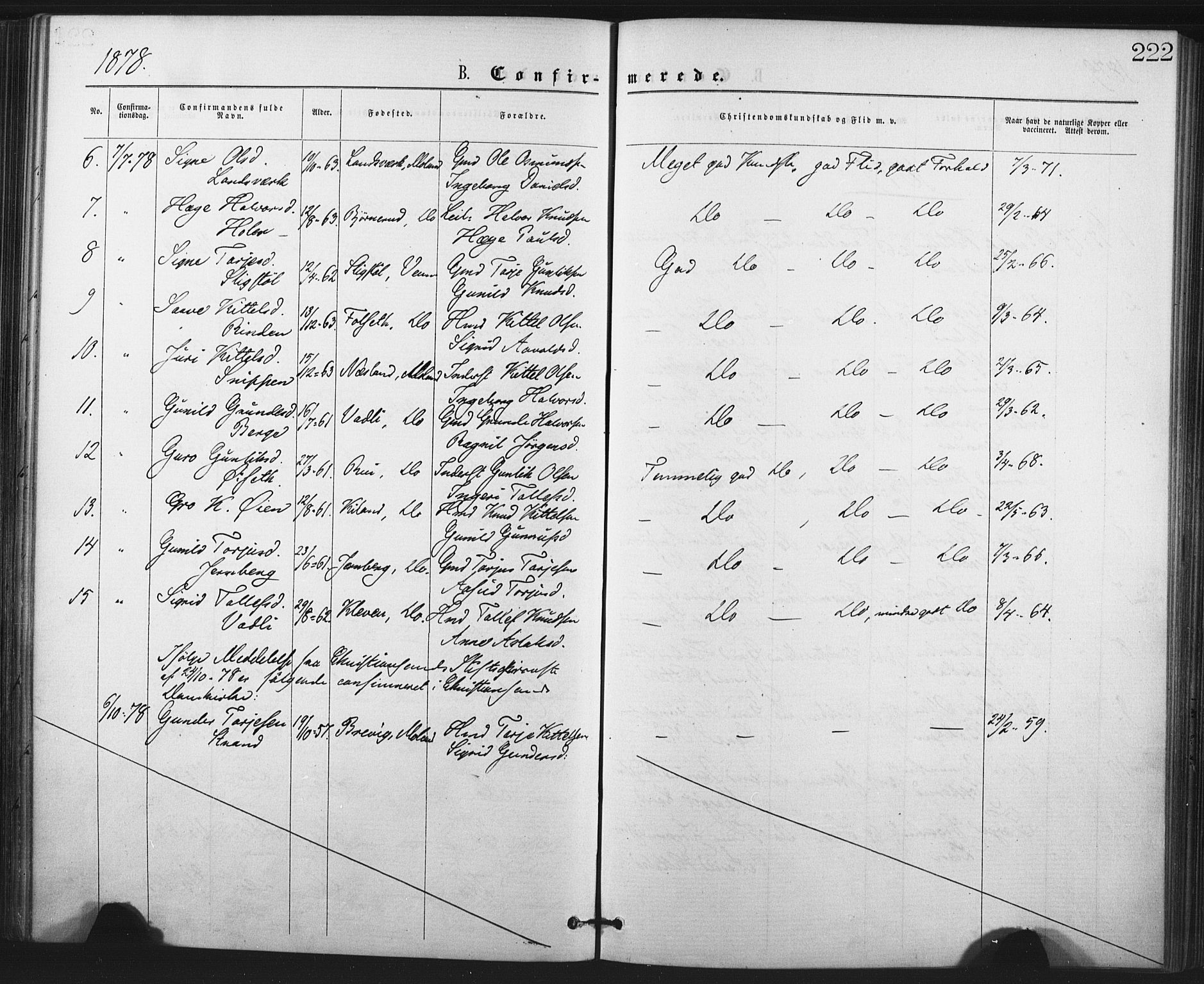 Fyresdal kirkebøker, AV/SAKO-A-263/F/Fa/L0006: Parish register (official) no. I 6, 1872-1886, p. 222