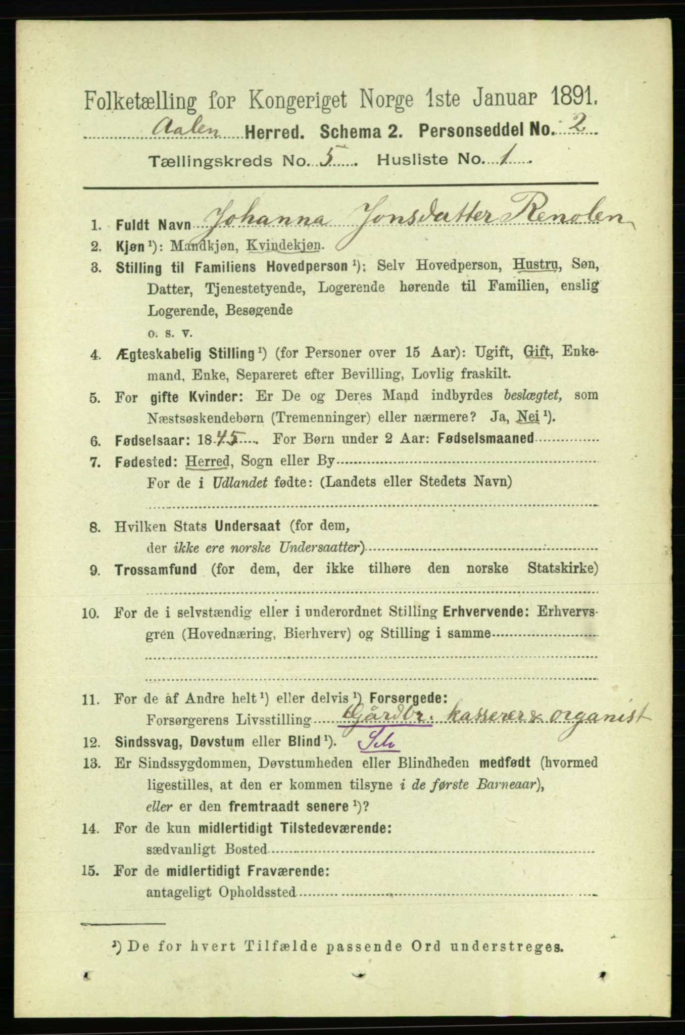 RA, 1891 census for 1644 Ålen, 1891, p. 1491