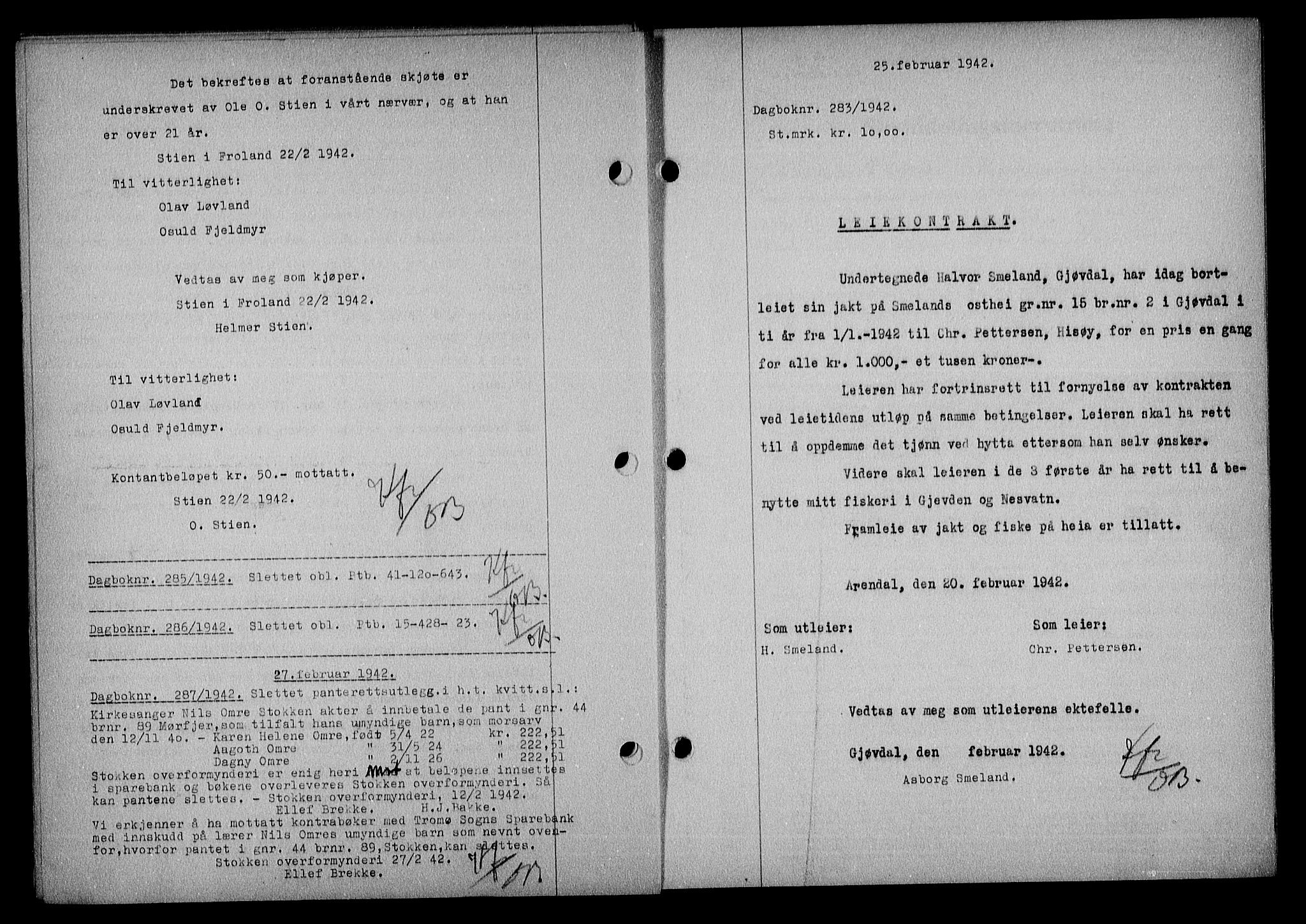 Nedenes sorenskriveri, AV/SAK-1221-0006/G/Gb/Gba/L0049: Mortgage book no. A-III, 1941-1942, Diary no: : 283/1942