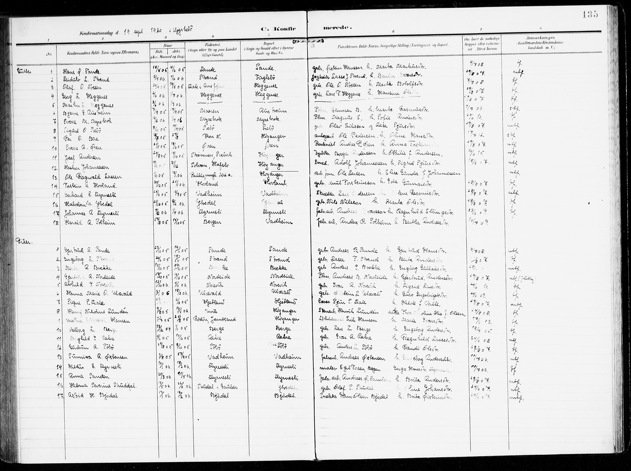 Lavik sokneprestembete, AV/SAB-A-80901: Parish register (official) no. C 2, 1904-1921, p. 135