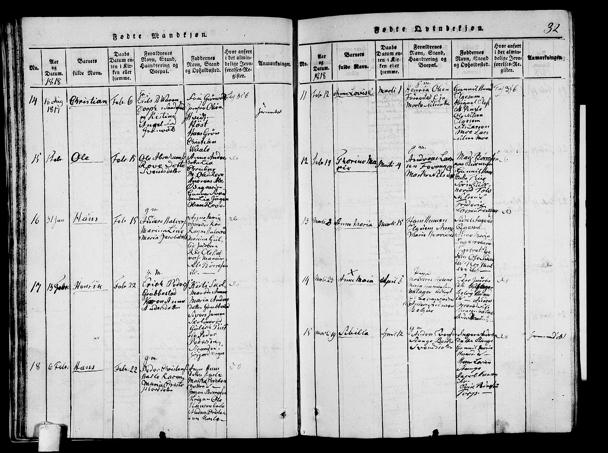 Sandar kirkebøker, AV/SAKO-A-243/G/Ga/L0001: Parish register (copy) no. 1, 1814-1835, p. 32