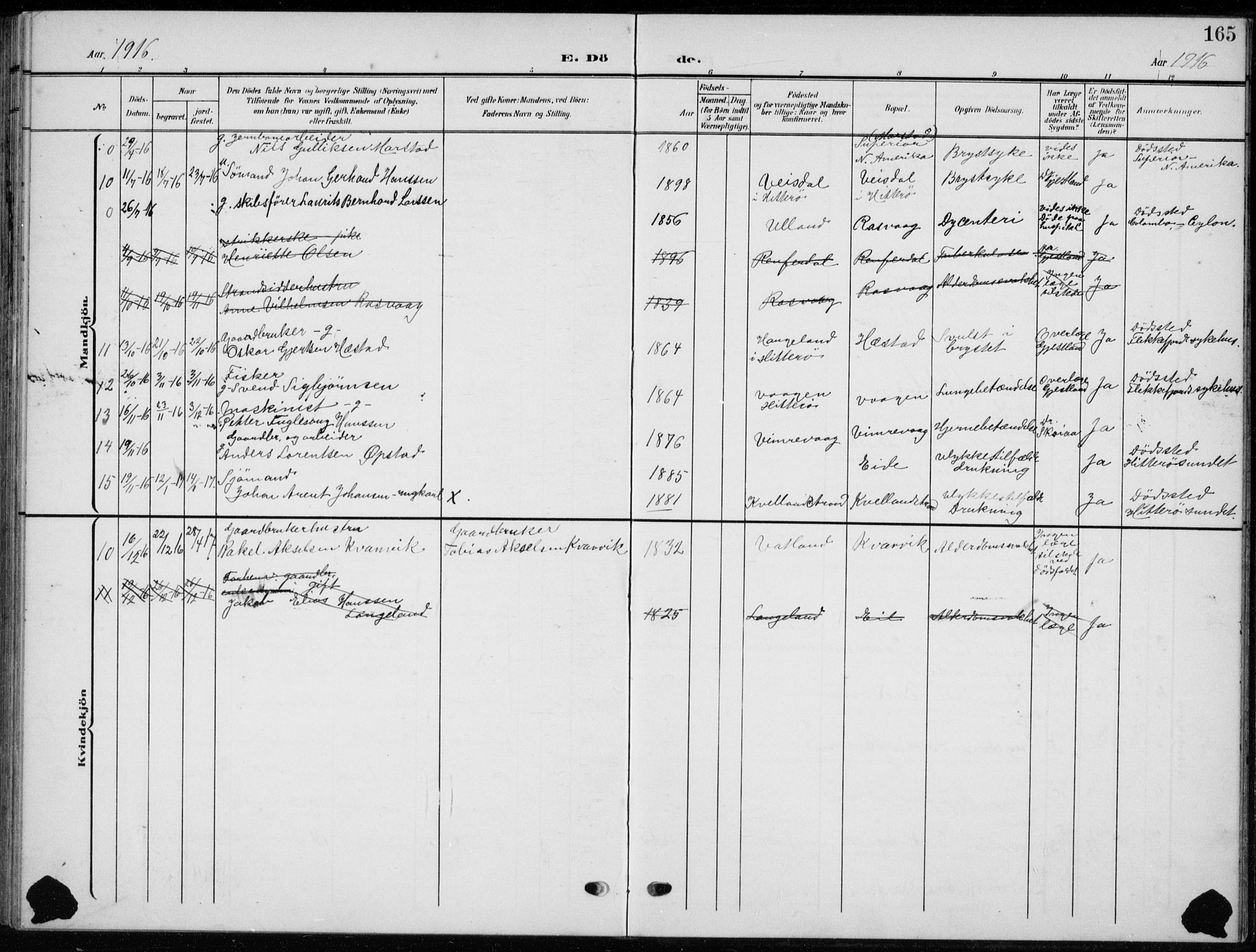 Flekkefjord sokneprestkontor, SAK/1111-0012/F/Fb/Fbb/L0005: Parish register (copy) no. B 5, 1908-1927, p. 165