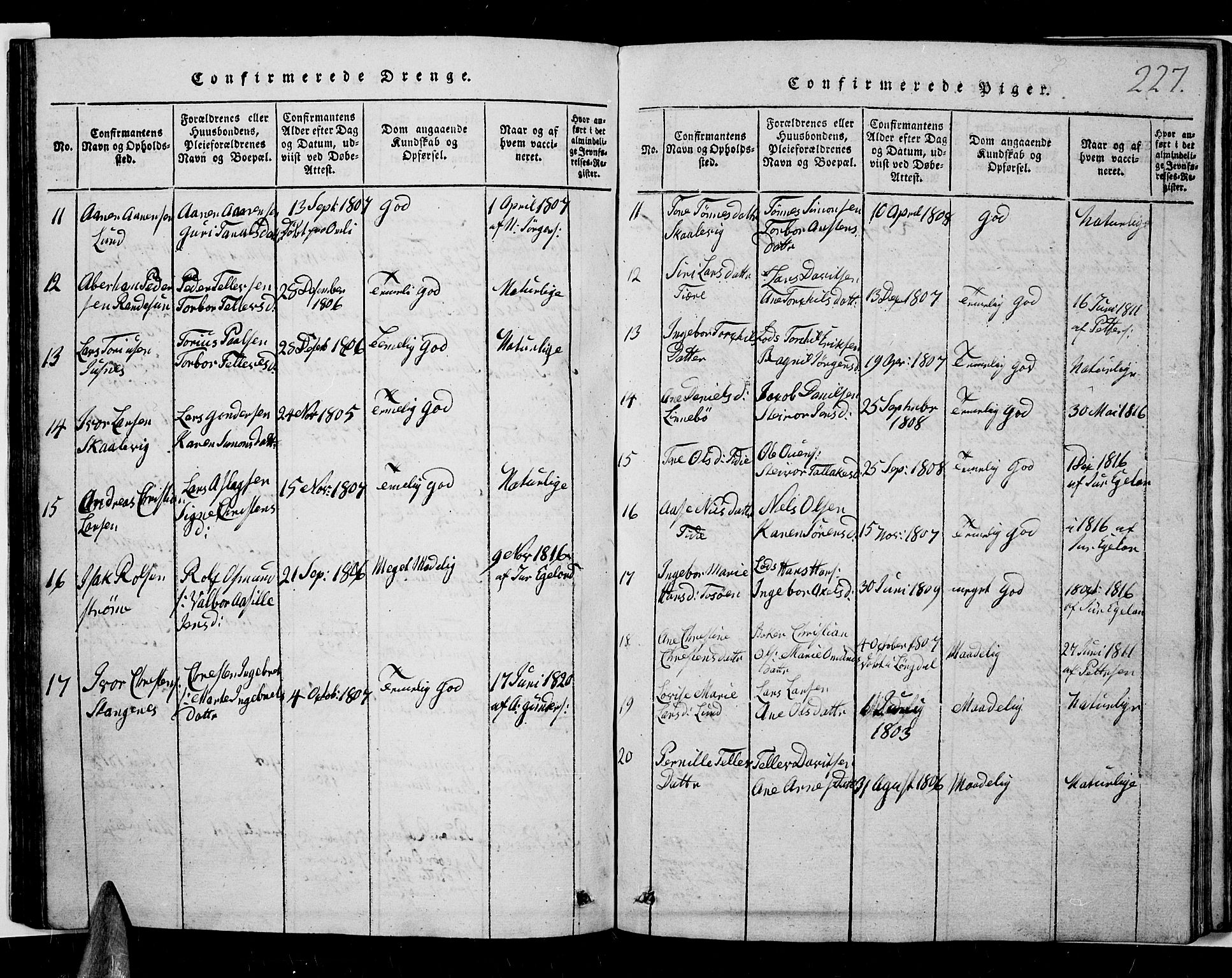 Oddernes sokneprestkontor, AV/SAK-1111-0033/F/Fb/Fba/L0003: Parish register (copy) no. B 3, 1820-1838, p. 227