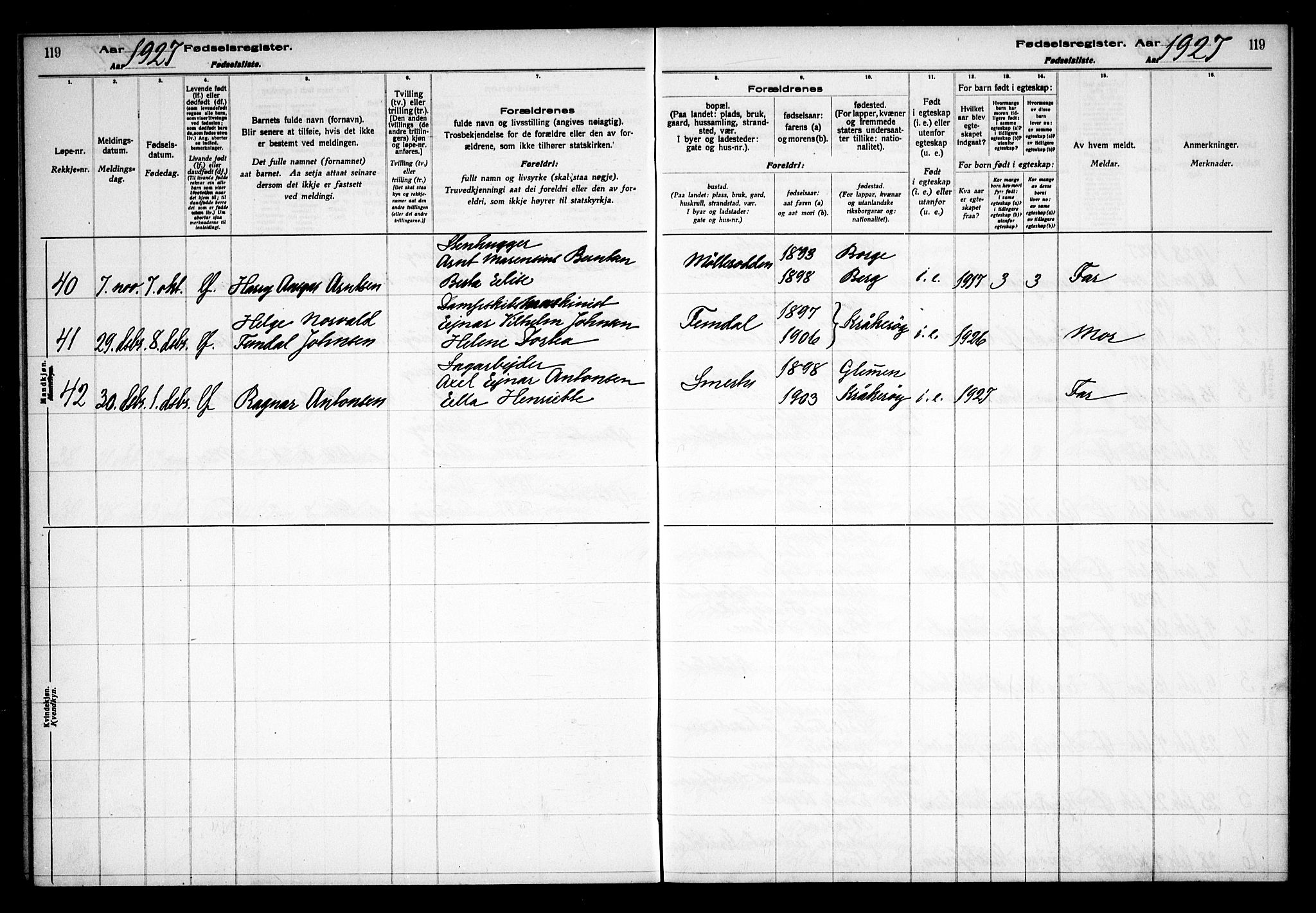 Kråkerøy prestekontor Kirkebøker, AV/SAO-A-10912/J/Ja/L0001: Birth register no. 1, 1916-1938, p. 119