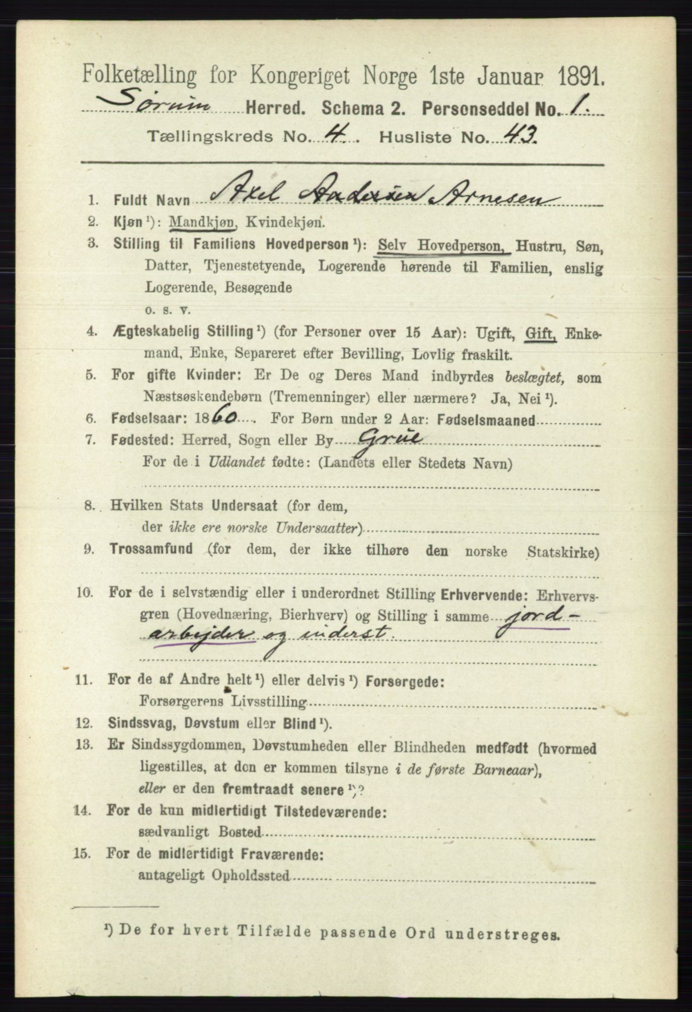 RA, 1891 census for 0226 Sørum, 1891, p. 2126