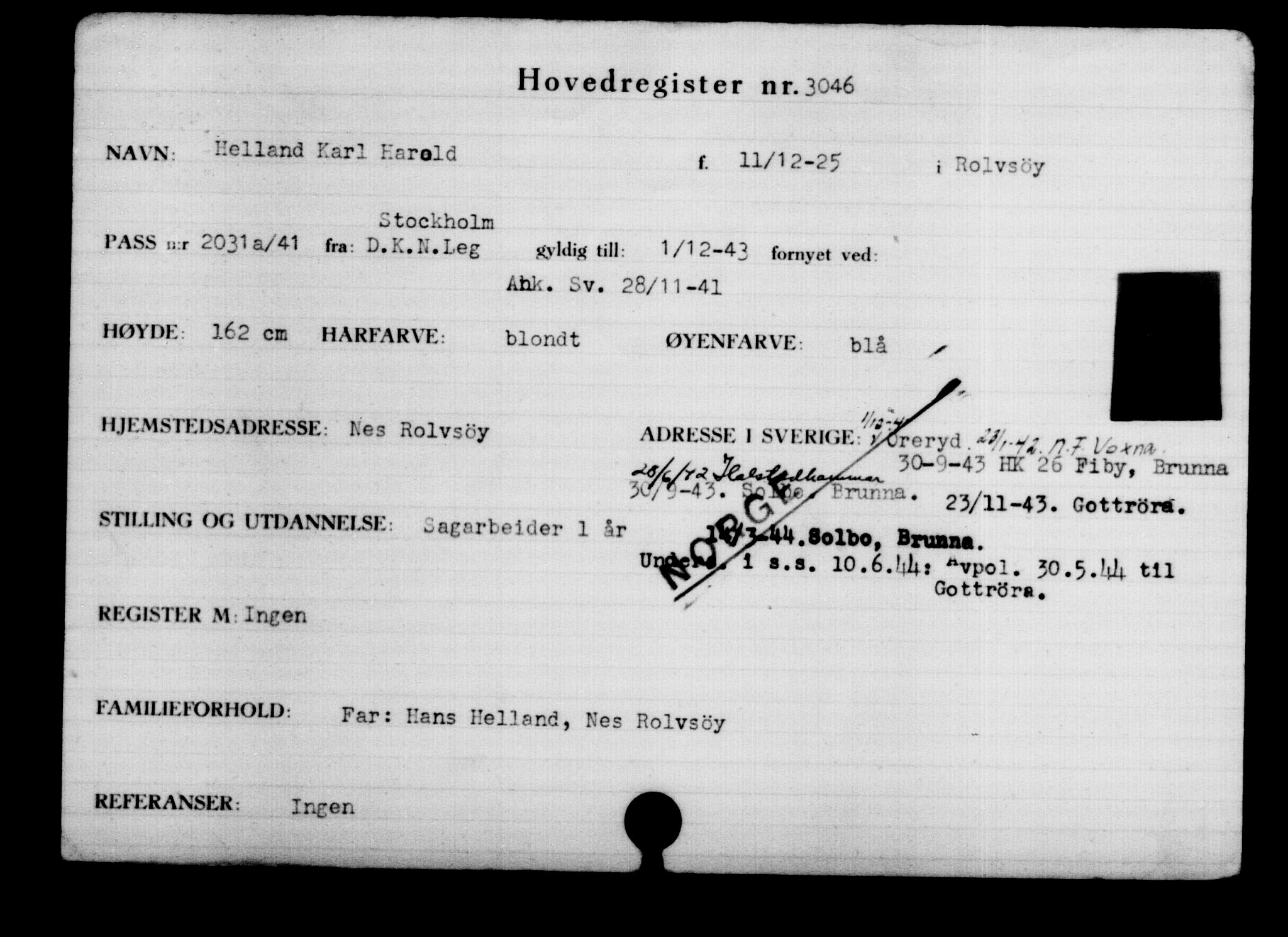 Utenriksstasjonene, Legasjonen i Stockholm, Flyktningkontoret, AV/RA-S-6753/V/Va/L0003: Kjesäterkartoteket, flyktninger med registreringsnr. 2001-3495, 1940-1945, p. 1471