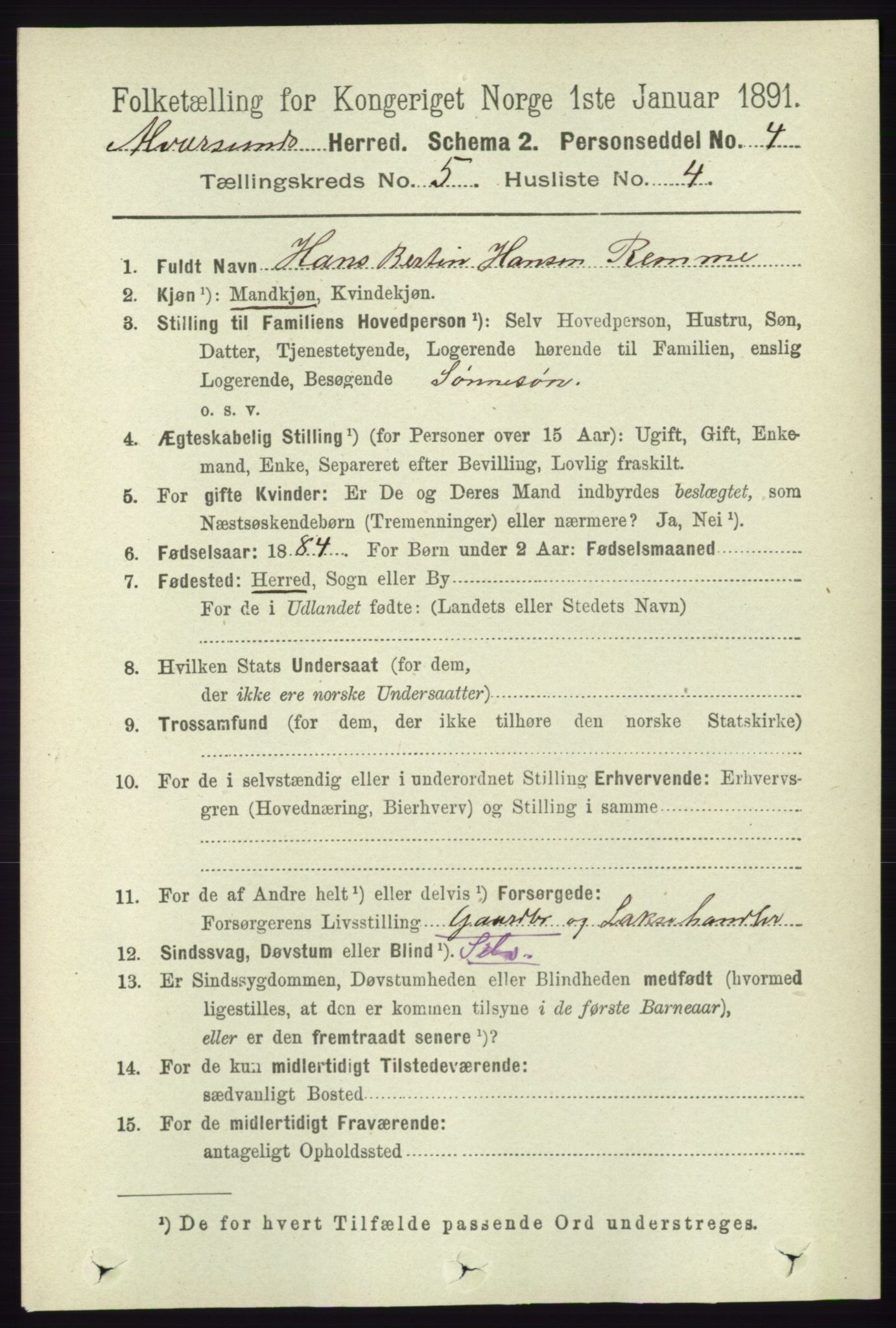 RA, 1891 census for 1257 Alversund, 1891, p. 1813