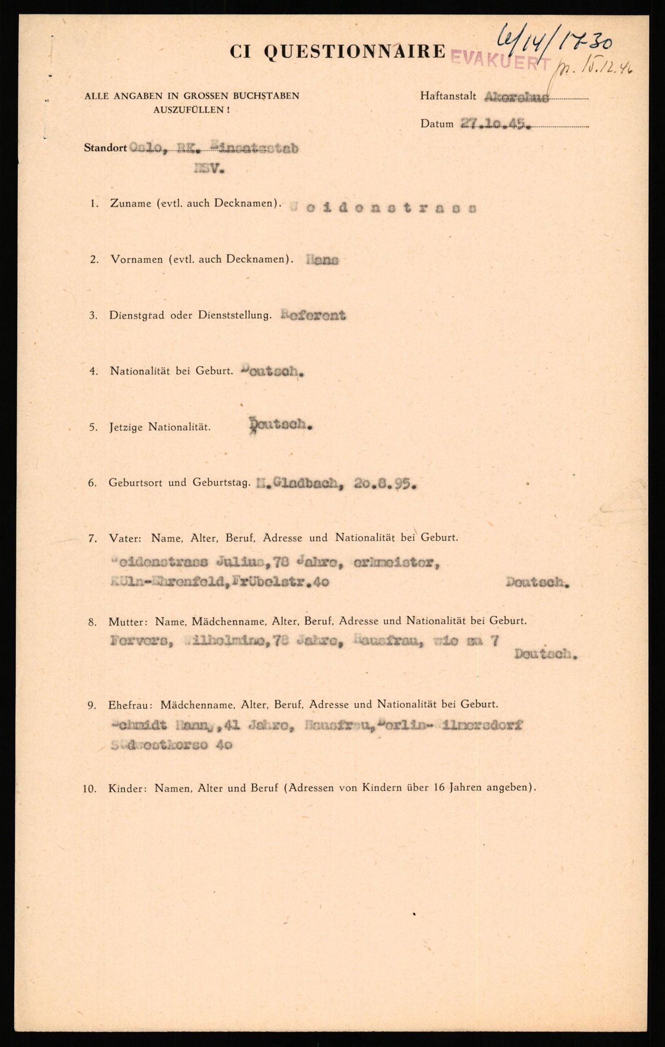 Forsvaret, Forsvarets overkommando II, AV/RA-RAFA-3915/D/Db/L0035: CI Questionaires. Tyske okkupasjonsstyrker i Norge. Tyskere., 1945-1946, p. 137